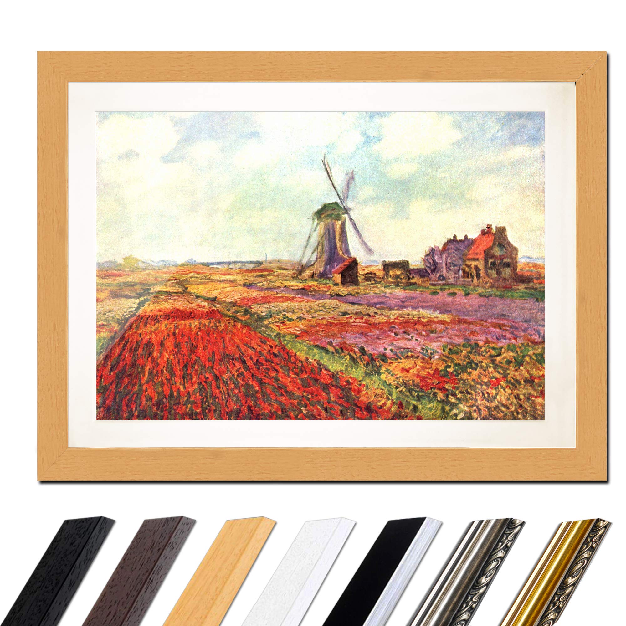 Bilderdepot24 Bild mit Rahmen - Claude Monet Tulpen von Holland 60x40 cm ca. A2 - Gerahmter Kunstdruck inkl. Galerie Passepartout Alte Meister - Rahmen buche