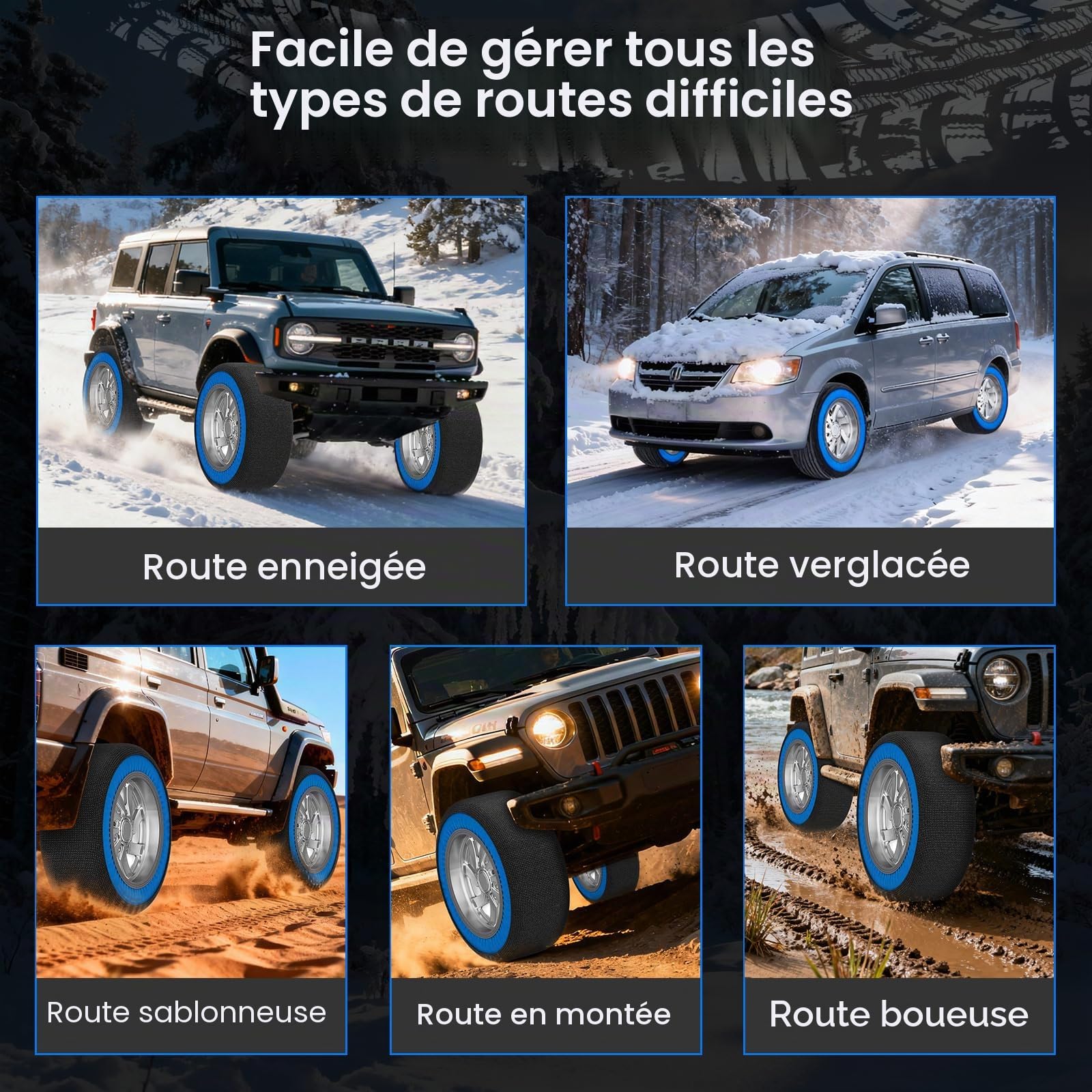 Lot de 2 chaussettes à neige pour voiture - En textile - Pour pneus de taille R14-R24 - Excellente adhérence - Chaînes à neige textile avec gants et sac de rangement pour les routes difficiles
