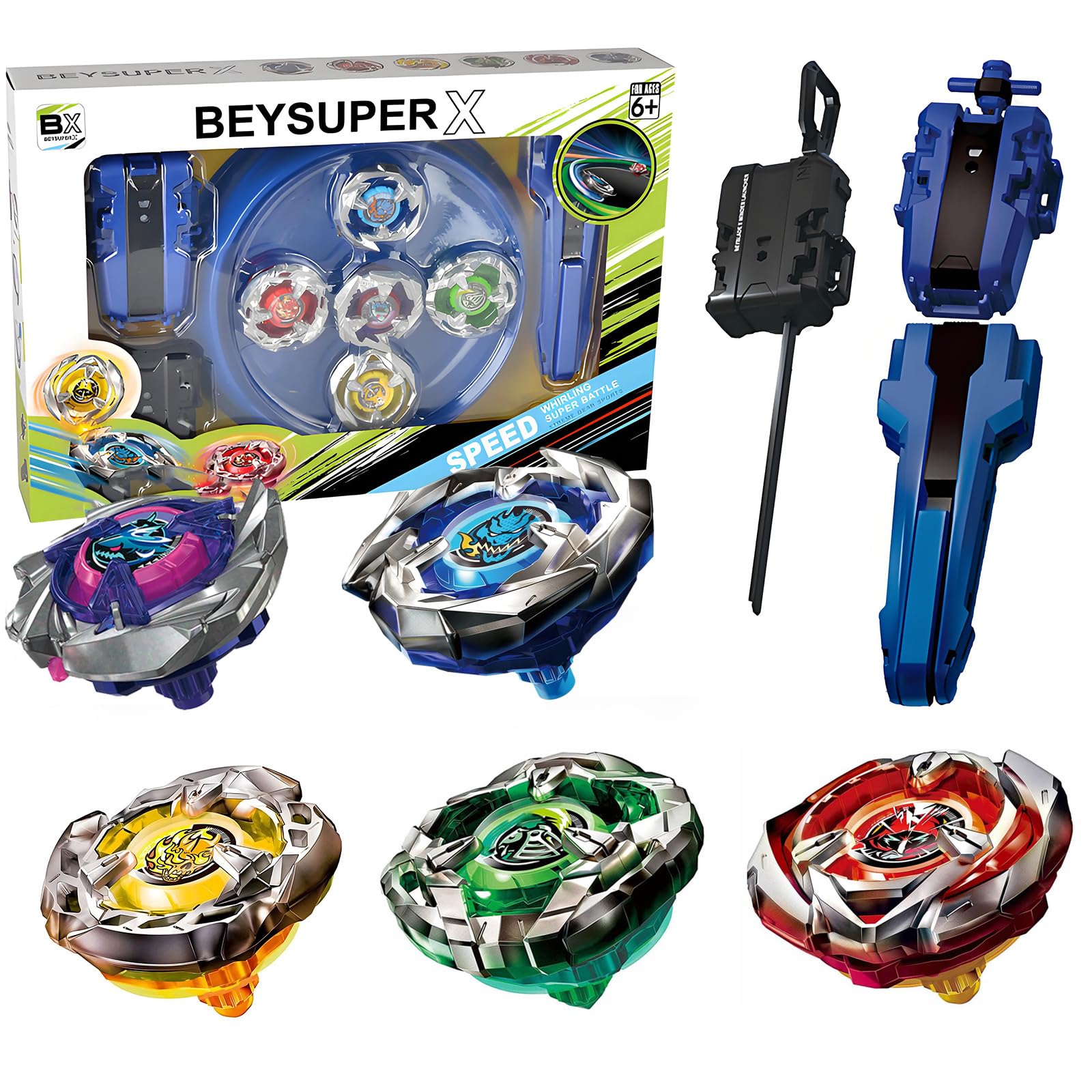Combat X Toupies Set avec Arène, 5 Métal Toupies avec 2 Lanceurs et Poignée | Compatibles avec les Pièces BBX, Multijoueurs Combat Toupies pour Combat et Collection Jouets pour Filles et Garçons 6+ Ans