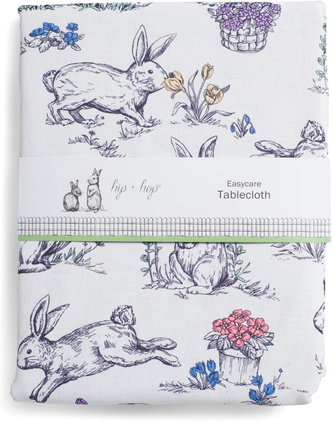 Hip & Hop Springtime Bunny, Rabbits in Flower Patch, Water/Fade Resistant Tablecloth | 60 X 84 in | Seats 6-8