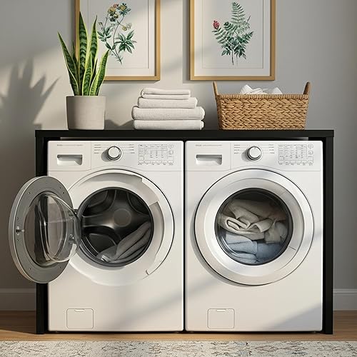 Miniatura 6 de Estante para lavadora y secadora, organizador de madera de ingeniería con paneles laterales, decoración para almacenamiento, superficie plegable,