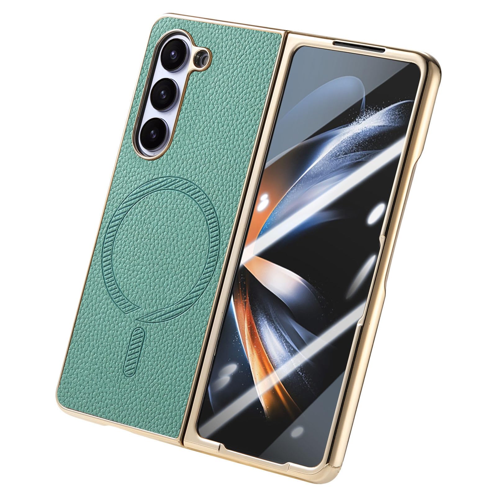 Magnética Funda para Samsung Galaxy Z Fold 6, Galvanoplastia Marco Cuero Carcasa con Pantalla Protección Inalámbrica Carga Estuche,Verde