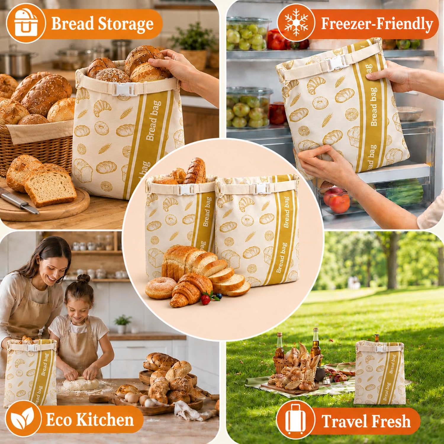 Reusable Beeswax Bread Bags, Cotton Bread Storage Bags with Drawstring, Large Bread Keeper for Homemade Sourdough Loaves, Reusable Food Storage Bags to Keep Bread Fresh Longer 2 Pack