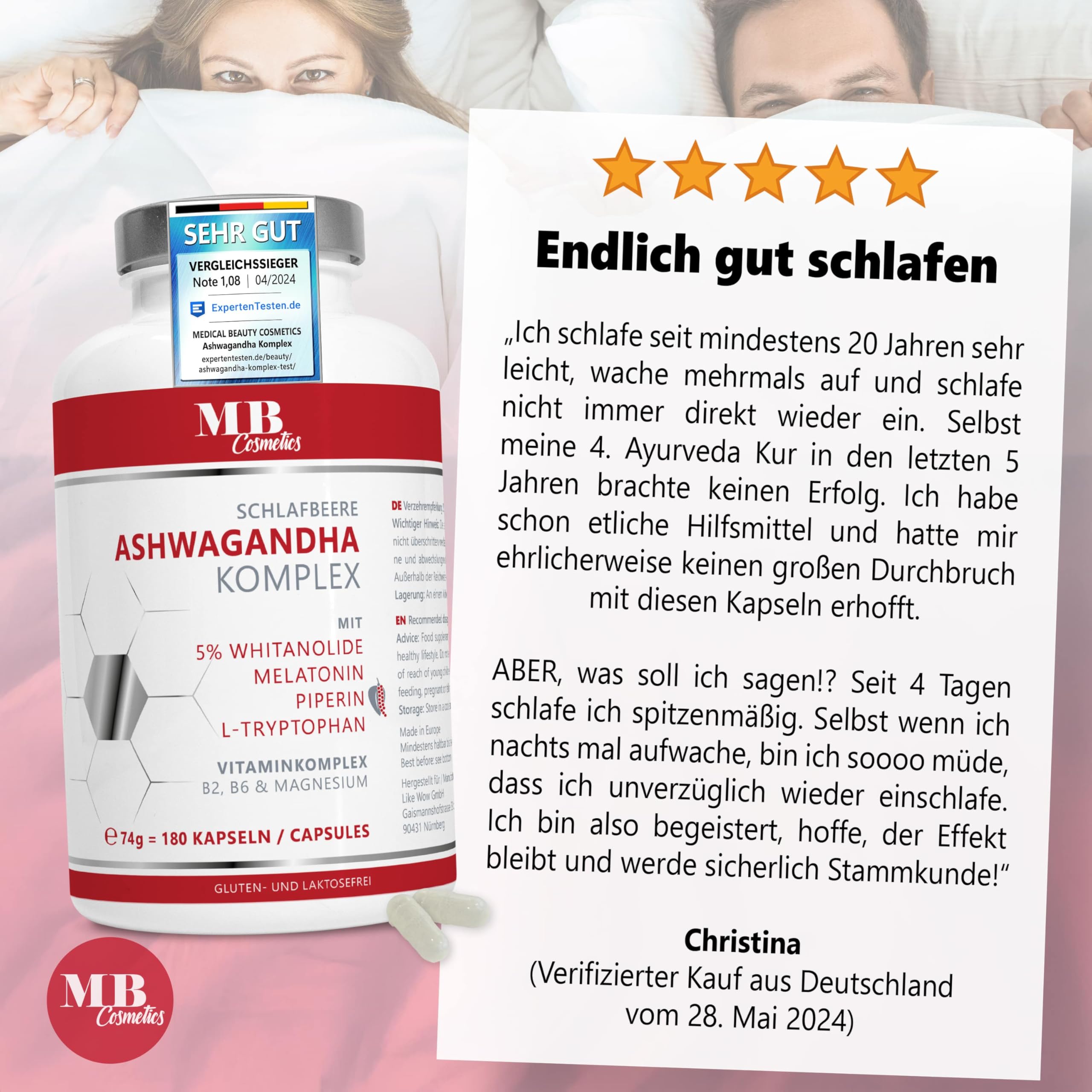 Ashwagandha Kapseln hochdosiert - 180 vegane Kapseln mit KSM-66 Wurzelextrakt, 5 % Whitanolide, Tryptophan, Melatonin, Magnesium - aus der indischen Schlafbeere, laborgeprüft, Made in Germany