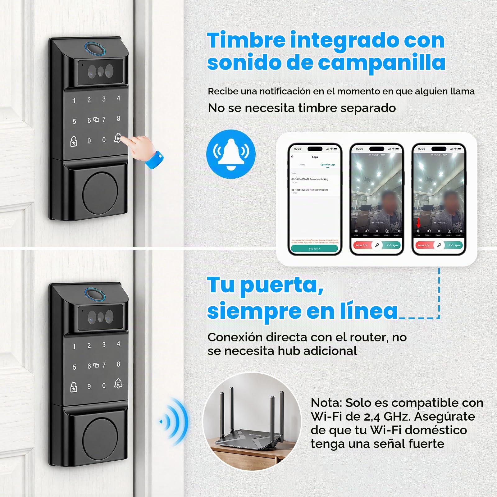 Cerradura Inteligente con Reconocimiento de Palma y Facial, Huella Dactilar | Cerradura Electrónica, Acceso Sin Llaves, Control vía App, Autobloqueo, Timbre, Teclado Táctil y Cerrojo Interior