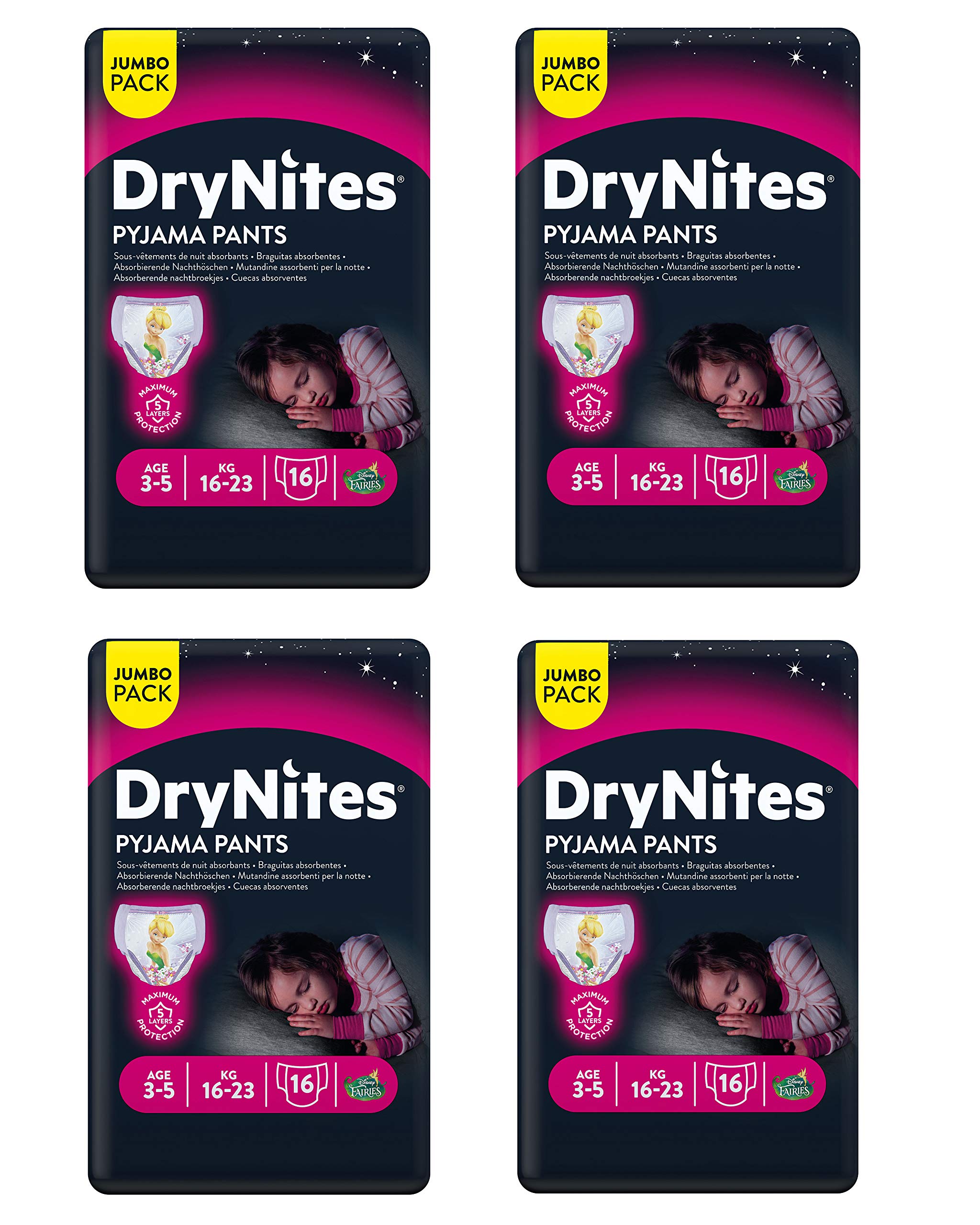 Huggies DryNites pieluchy nocne o wysokiej absorpcji, dla dziewczynek w wieku 3-5 lat, 4 x 16 sztuk (łącznie 64 sztuki), opakowanie miesięczne pieluchy