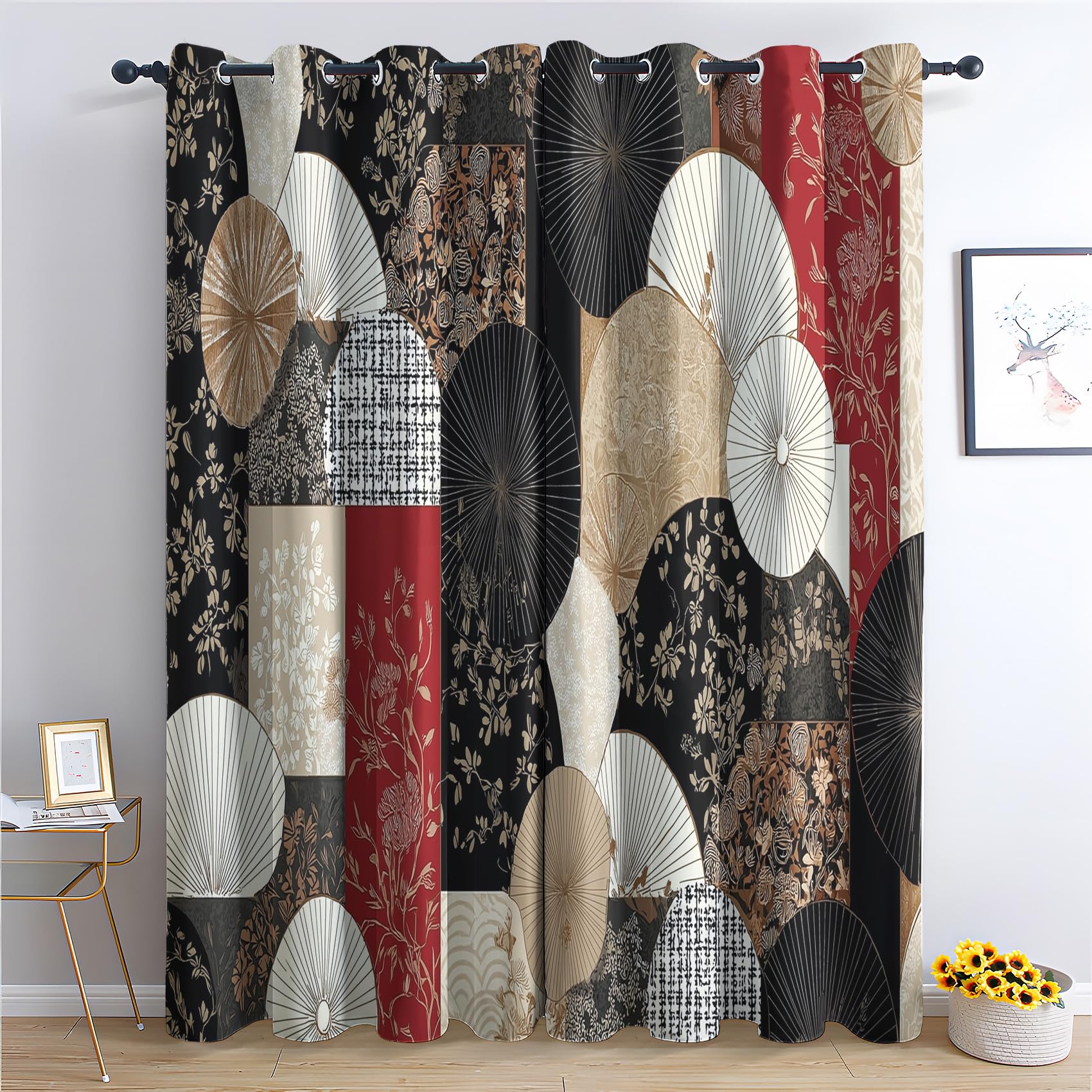Venivici Japanese Blackout Curtains for Bedroom Living Room - 84 Inch Drop Curtains Eyelet, Oriental Floral Patchwork Patterned Window Treatments, Thermal Insulated Drapes 52x84 2 Panels