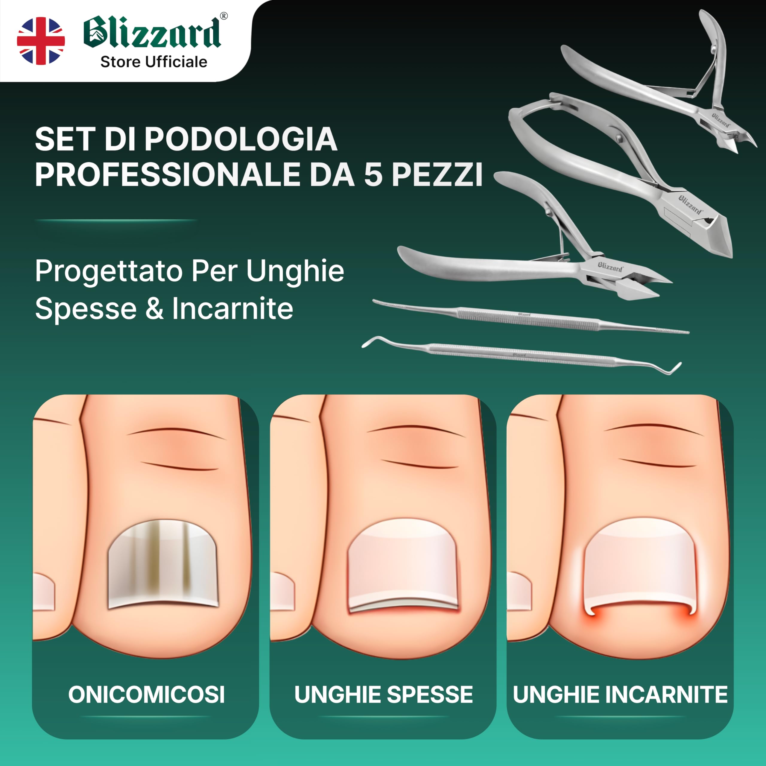Blizzard Set Podologia Professionale 5 Pezzi - Kit Pedicure per Unghie Spesse e Incarnite - Tronchesino Unghie Piedi, Taglia Cuticole e Lima - Acciaio Inox - Per Anziani e Uomo