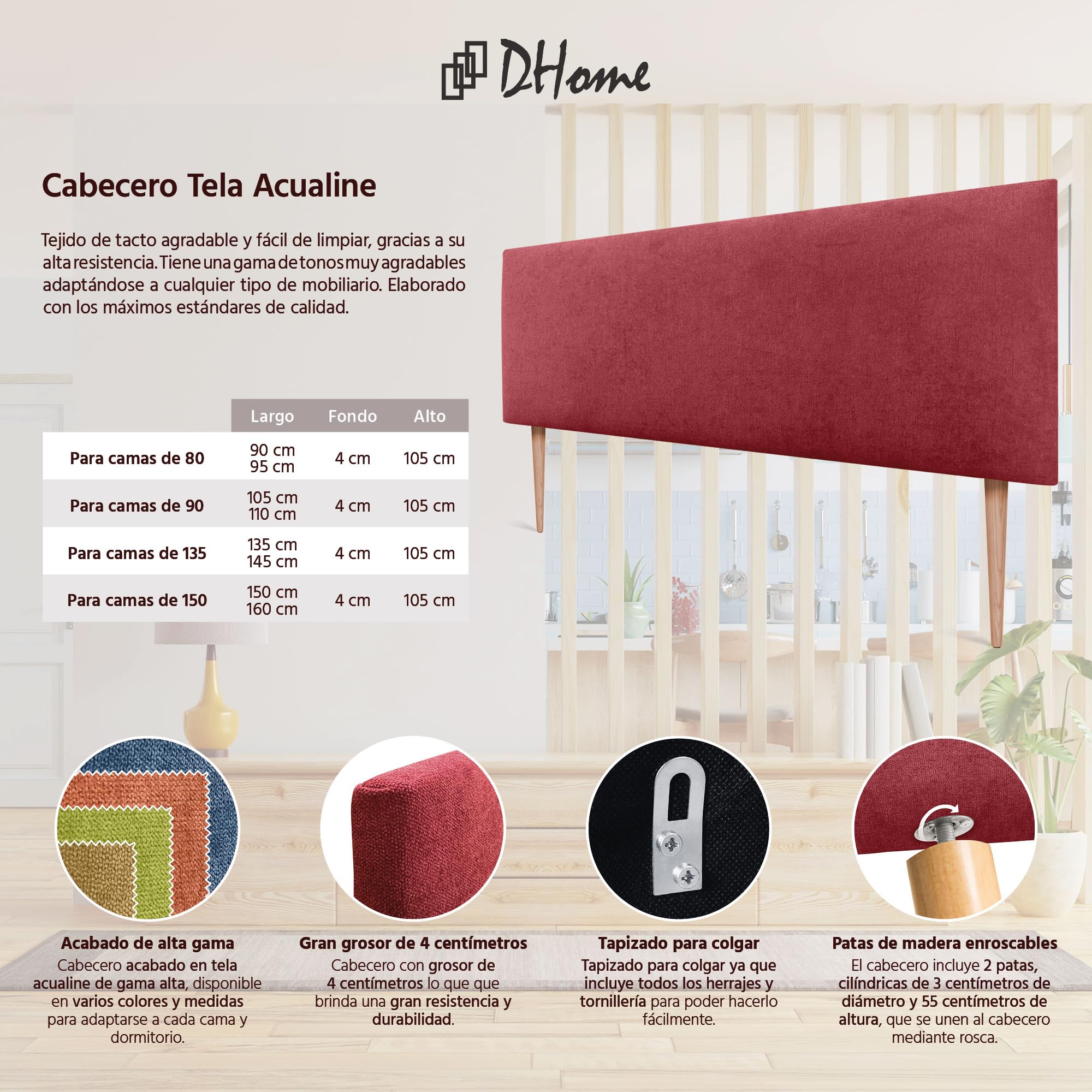 Testiera Imbottita DHOME Lusso In Tessuto AQUALINE Bianco – Con Gambe E Fissaggio A Parete – Dimensioni 160x105 Cm (per Letti 150/160)