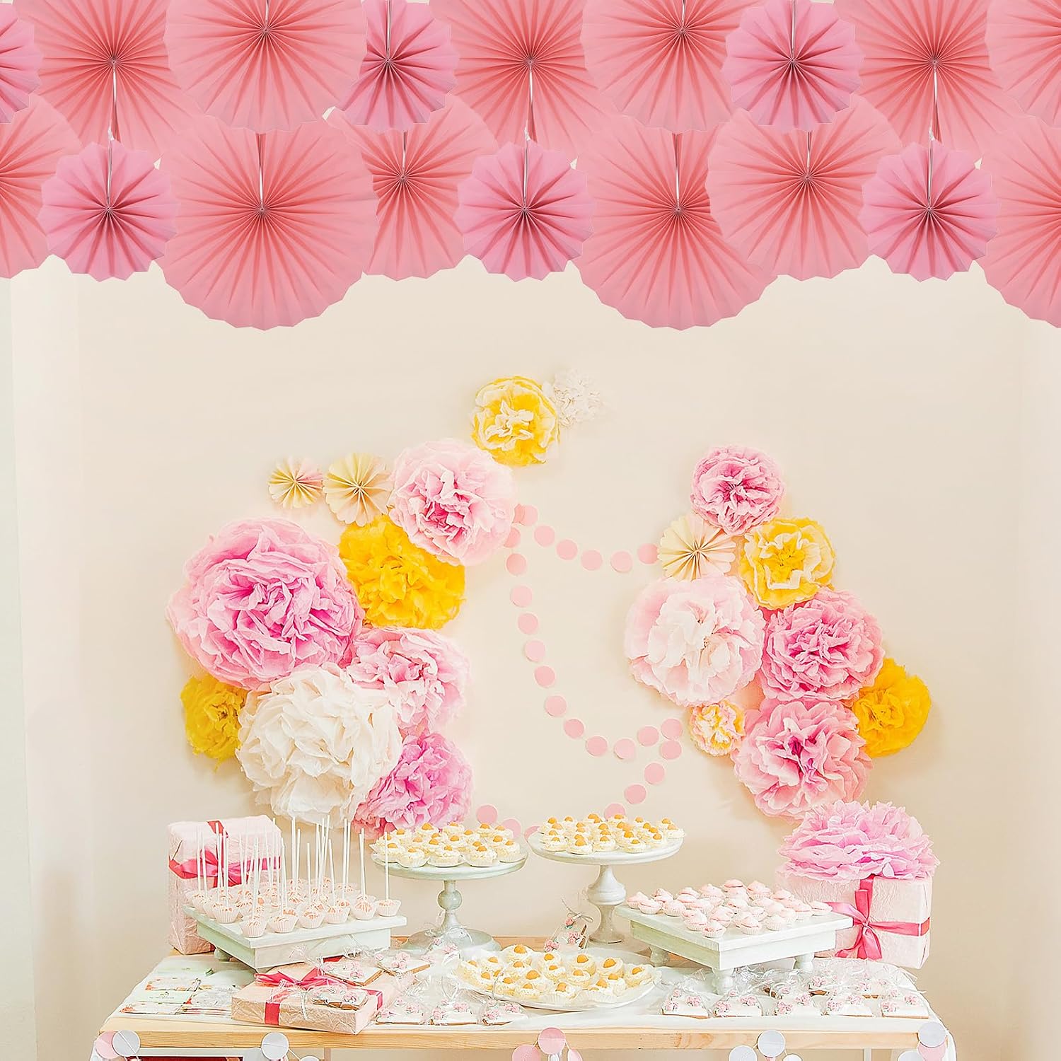 MECCANIXITY Hanging Paper Fans Party Set 6Pcs Round Pattern Hanging Paper Fans Decoration for Home Shop Wall Birthday Wedding,Graduation Events(Pink)
