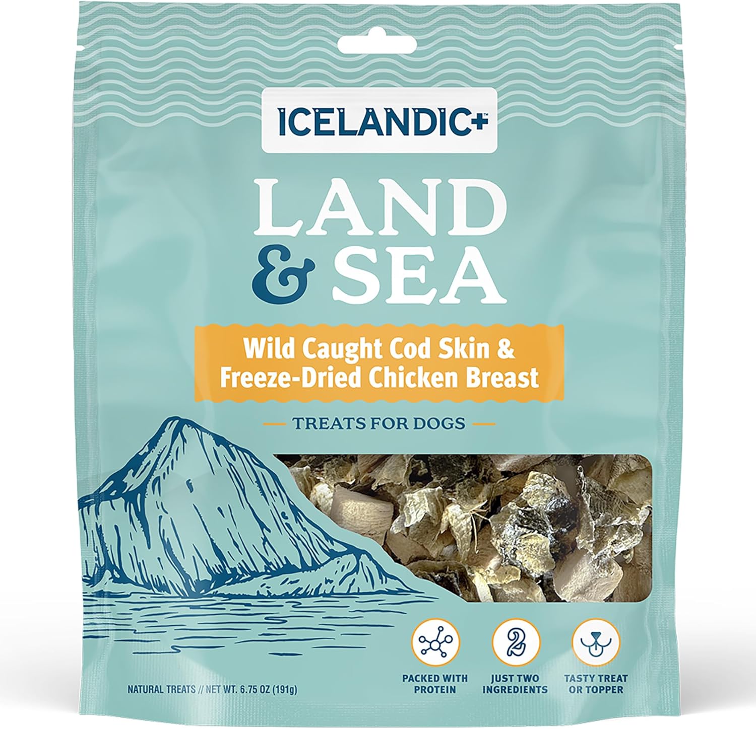Icelandic+ Land & Sea Wild Caught Cod Skin & Freeze-Dried Chicken Breast -6.75oz Bag, Dog Treat & Food Topper, 2 Ingredient, No Preservatives, Natural (Pack of 2)
