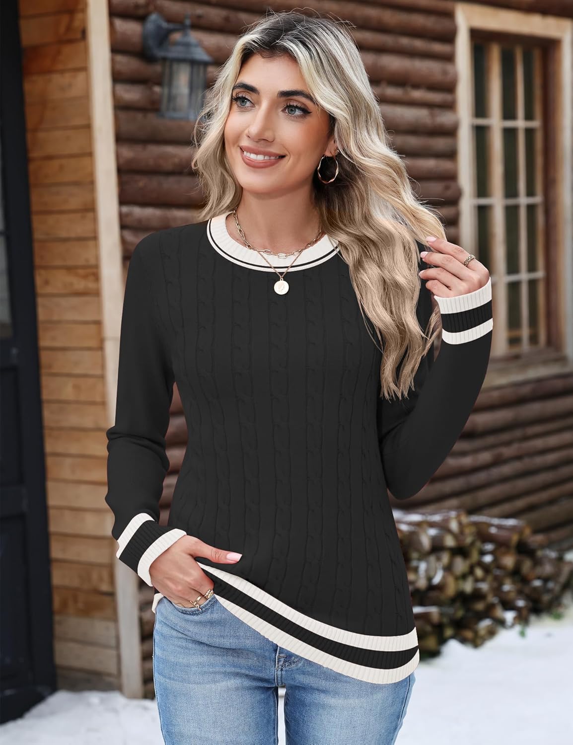 Rapbin Sweaters for Women Long Sleeve Crew Neck Ribbed Knit Pullover Tops Loose Casual Basic Winter Outfits - Image 3