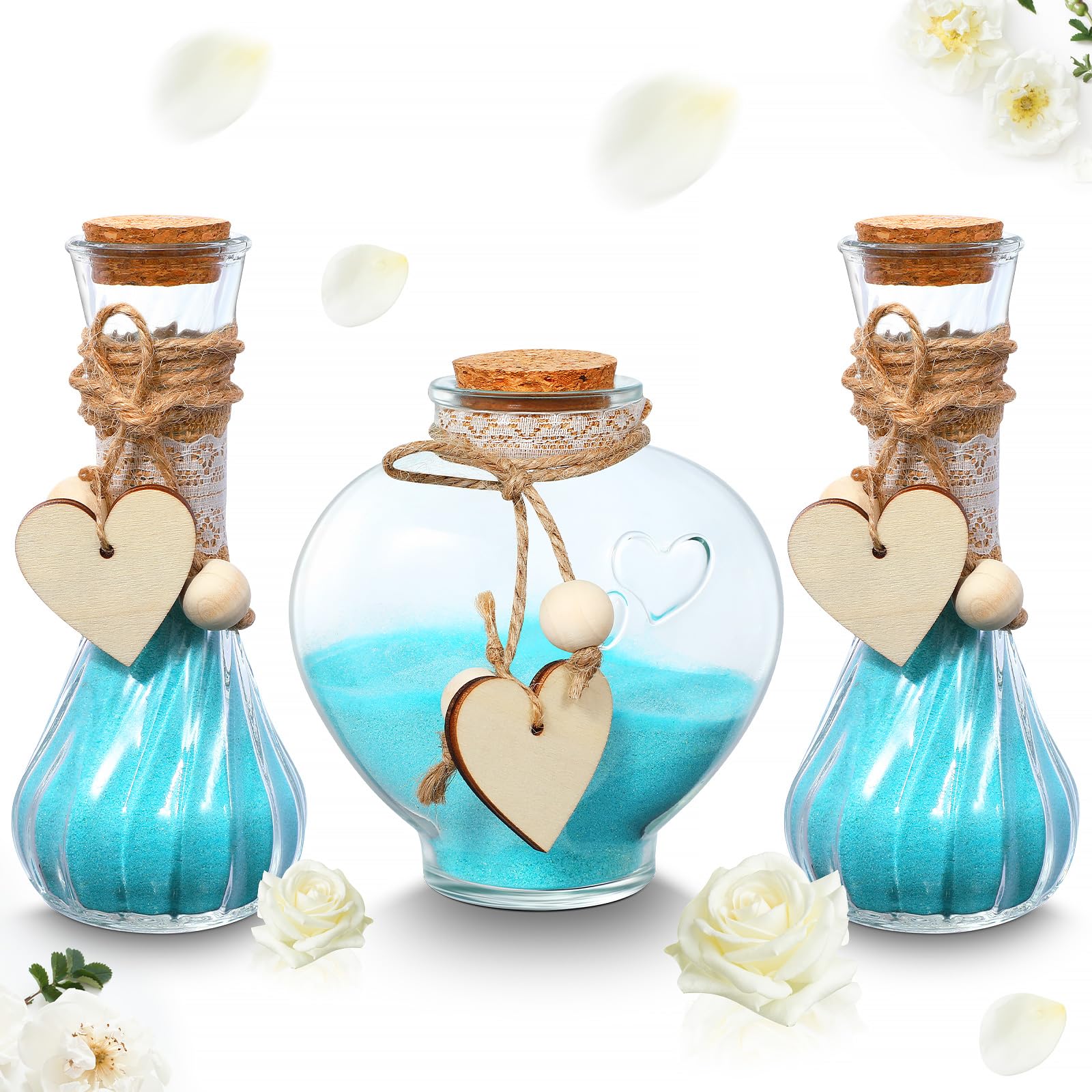 Layhit Il set per cerimonia di sabbia Unity include 3 vasi decorativi con maniche in iuta e pizzo e corda di canapa amore in legno, kit personalizzato per cerimonia nuziale, sabbia non inclusa