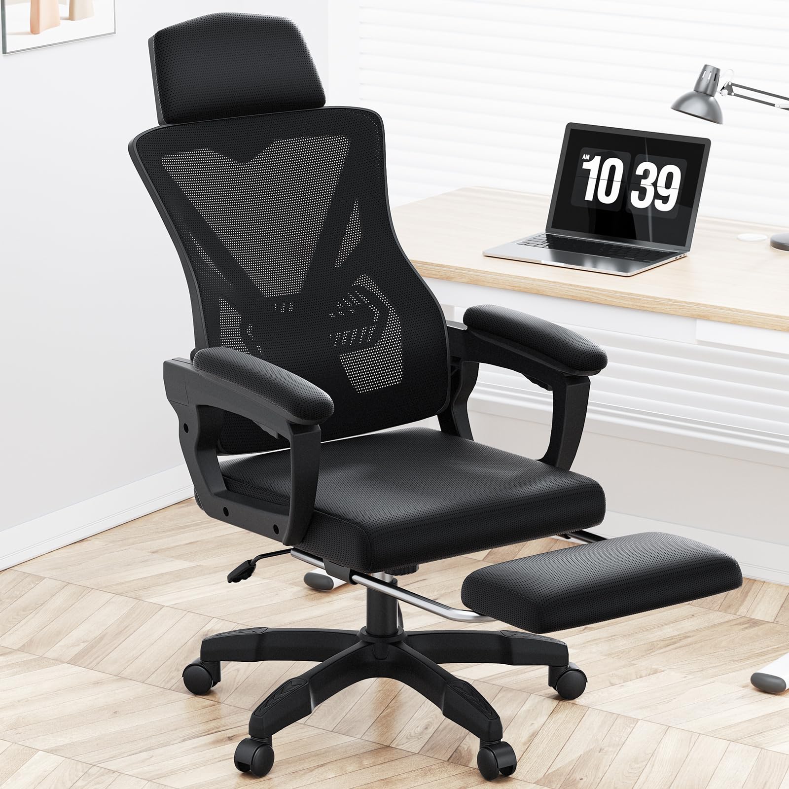 【38%OFF+50%OFF】【4,990円】 WellFly 大型厚型ヘッドレスト 高反発クッション 145度リクライニング 伸縮オットマン 腰サポートバー メッシュ デスクチェア 【送料無料】