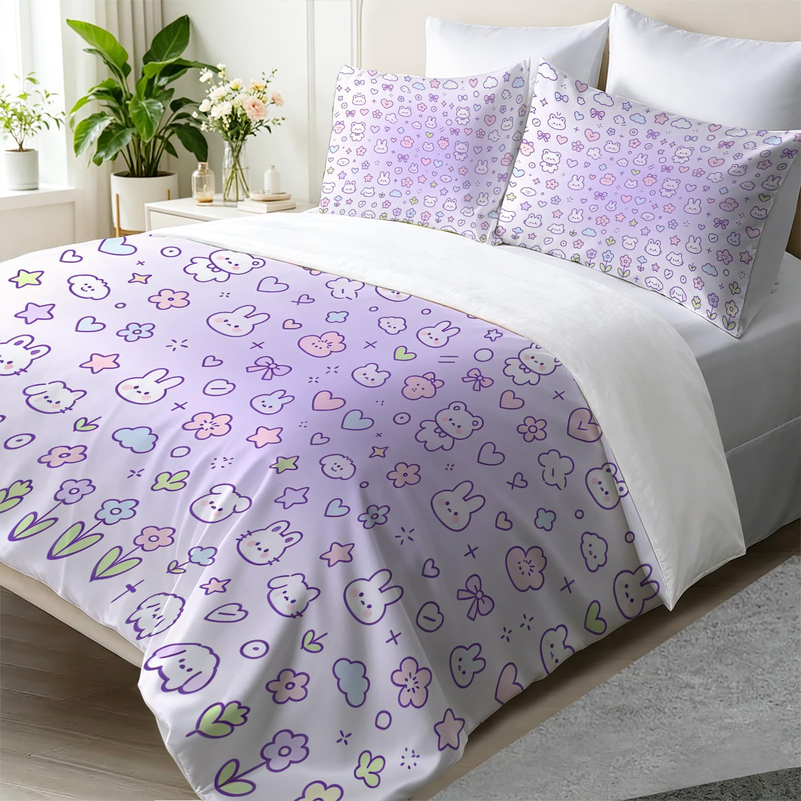 Housse de couette 200x200 lapin violet pour lit 2 personnes avec 2 taies d'oreiller