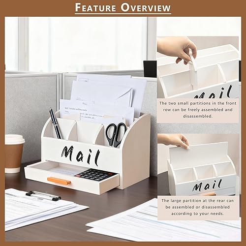 Miniatura 2 de GOPRETY Organizador de correo para escritorio, soporte para billetes de encimera con almacenamiento de archivos, escritorio de madera con cajones,