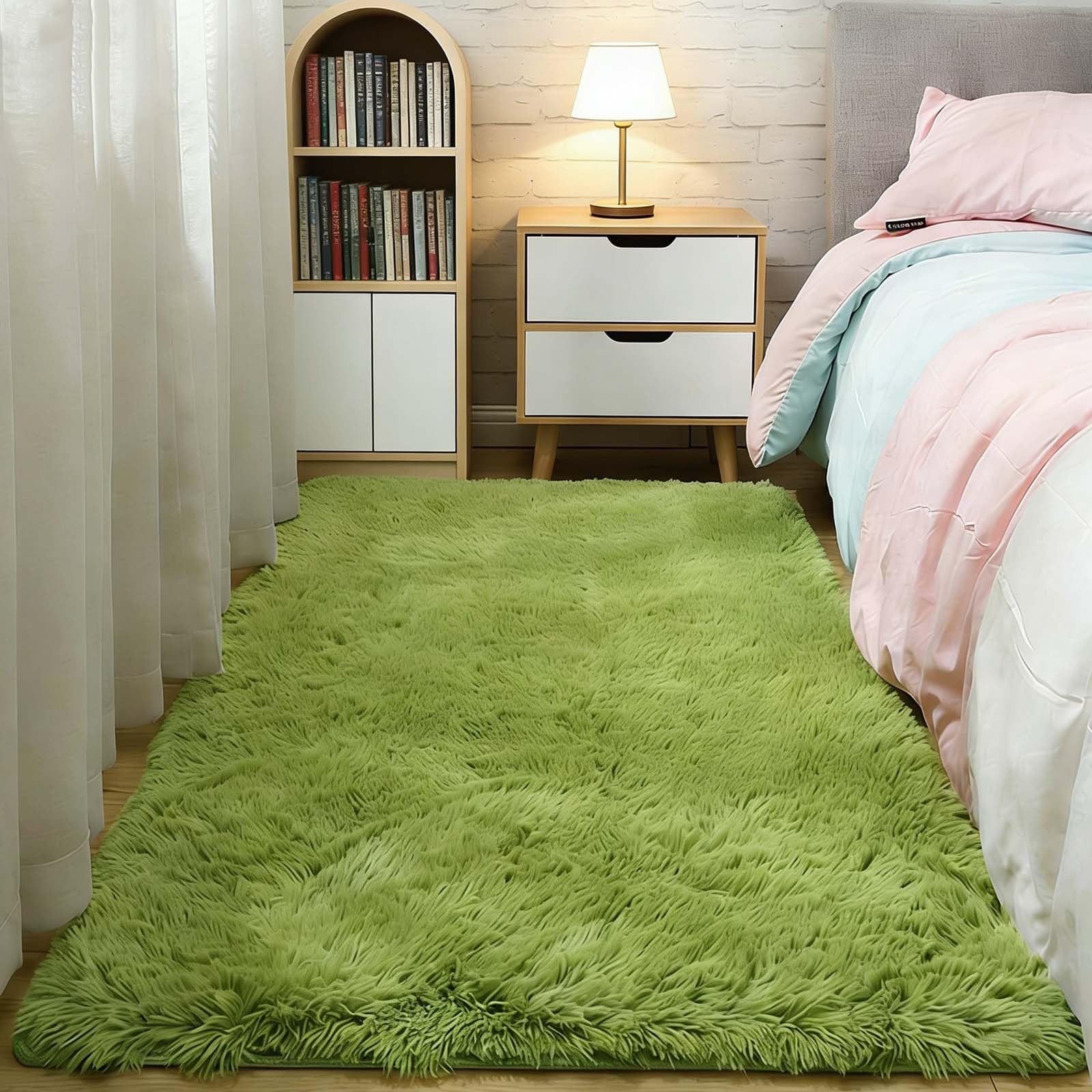 Tapis poil long chambre et bureau, grande moquette d'intérieur verte 160x230 cm cosy