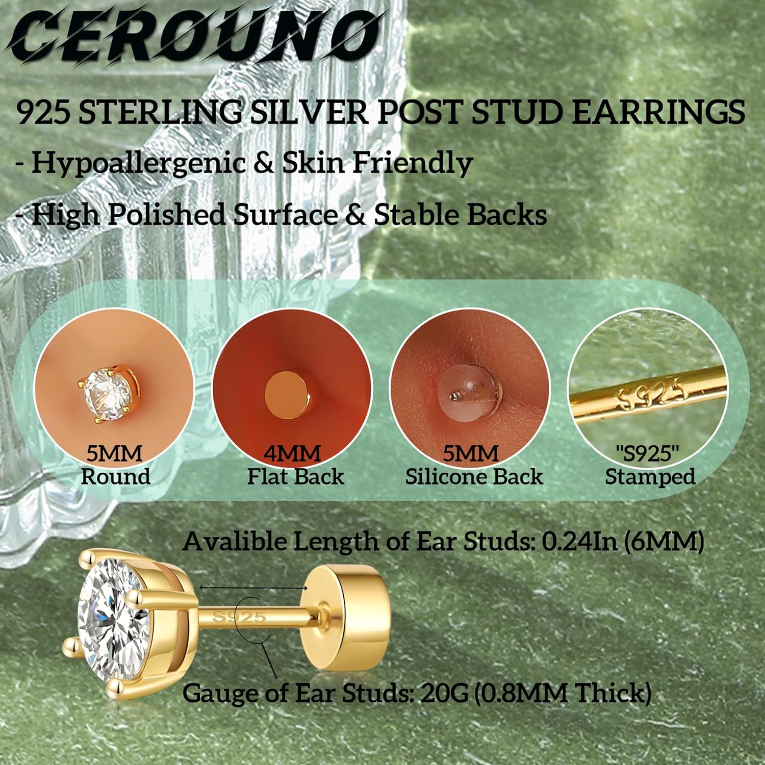 CEROUNO Flat Back Stud Earrings - 925 Sterling Silver Post Flatback Earrings Gold Silver Cubic Zirconia Earrings Studs for Women - Image 4