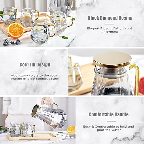 Miniatura 3 de DUJUST Jarra de cristal de diamante negro con 4 tazas, 1 bandeja, jarra de agua de diseño elegante con asa, decoración para habitación, jarra de