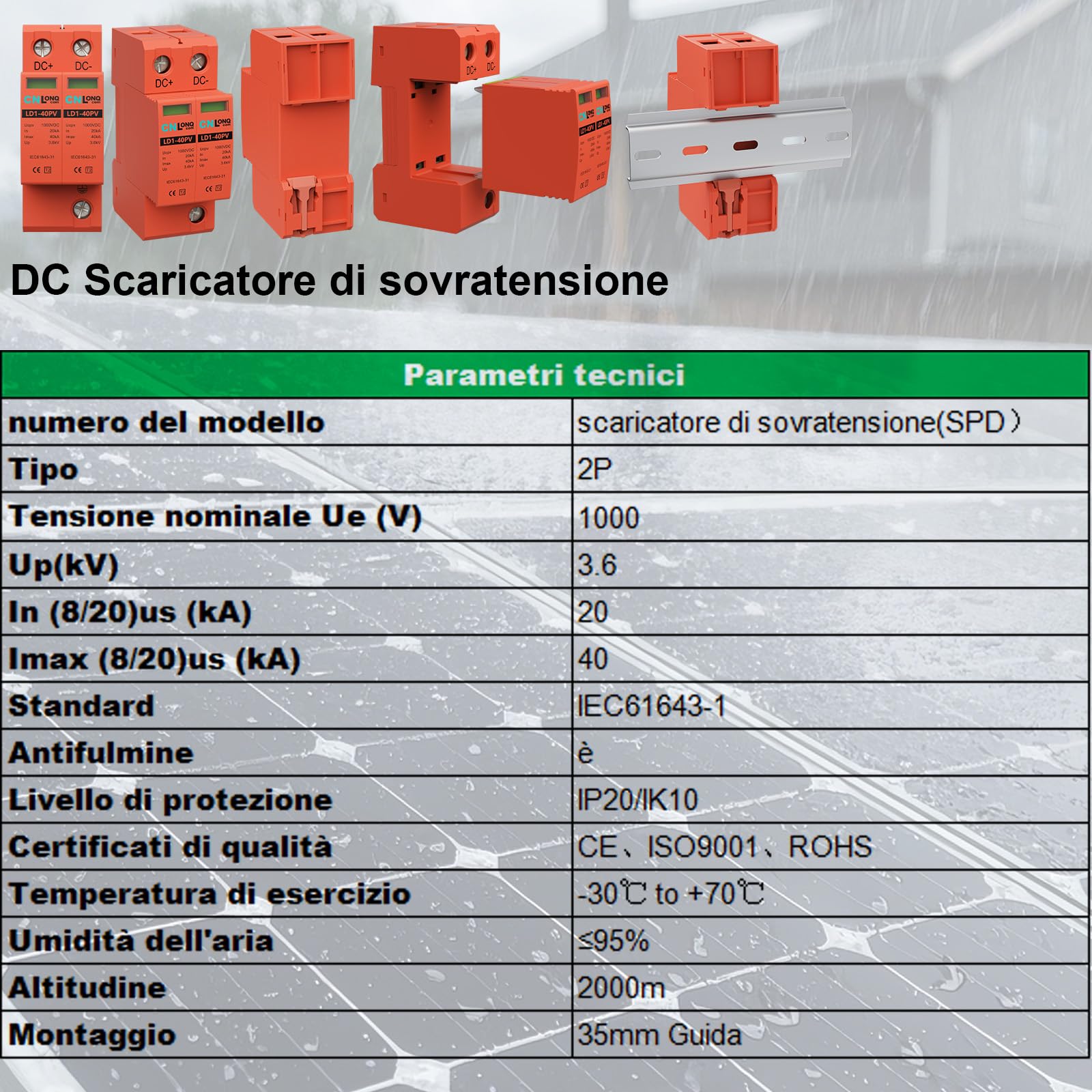 Scaricatore di Sovratensione DC1000V 20kA~40kA 2P Fotovoltaico Protezione Contro Sovratensioni