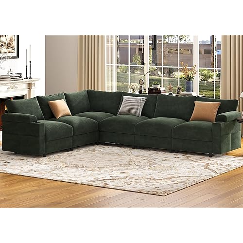 Sectional Couches for Living Room FSC Certified Velvet Modular Couch Oversized Cloud U Shaped Convertible Sleeper Sofa Chaise Detachable Armrest Cushion (Chenille Green, L Shape Corner 6 Seat)