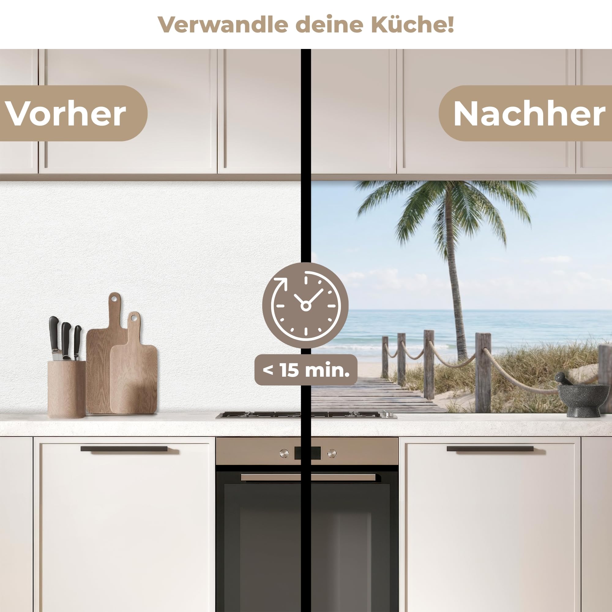 KitchenYeah© Spritzschutz Küche 60x200 cm Küchen Rückwand Küchendeko Wand Wandschutz Selbstklebend Backsplash Kitchen Peel and Stick Palmen - Weg - Horizont