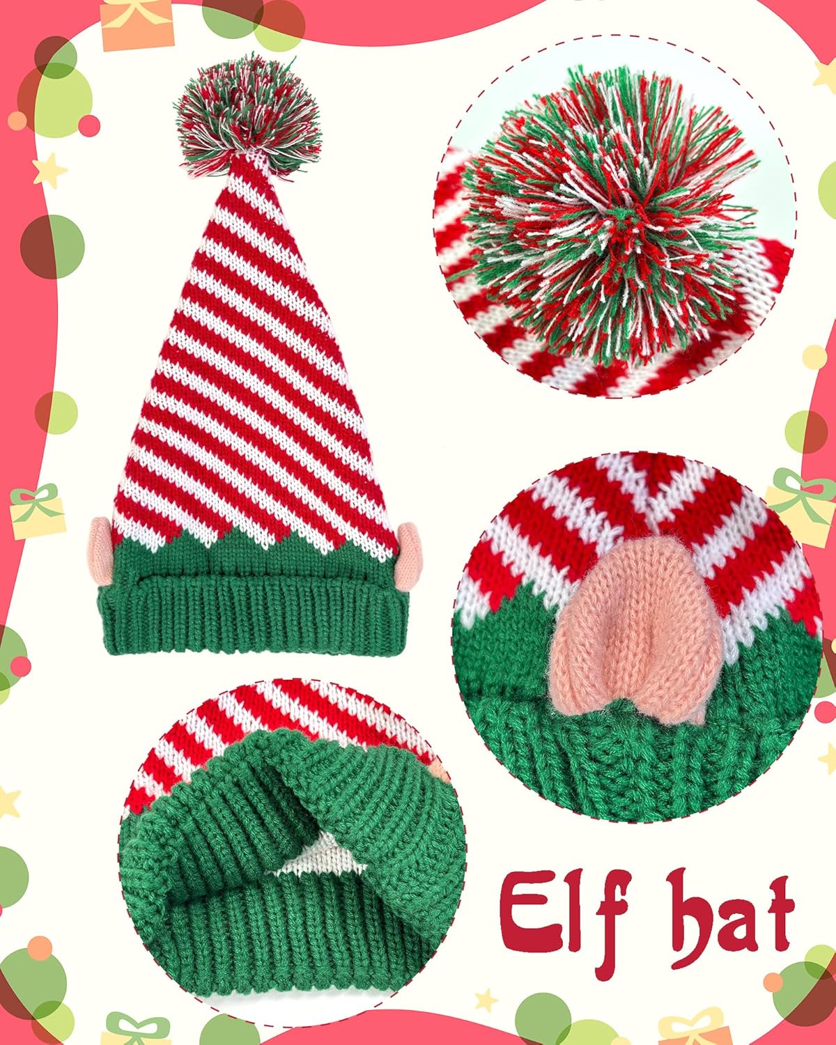 Christmas Knitted Elf Hats with Ears for Adults Elf Beanie for Adults Christmas New Years Holiday Party - Image 2