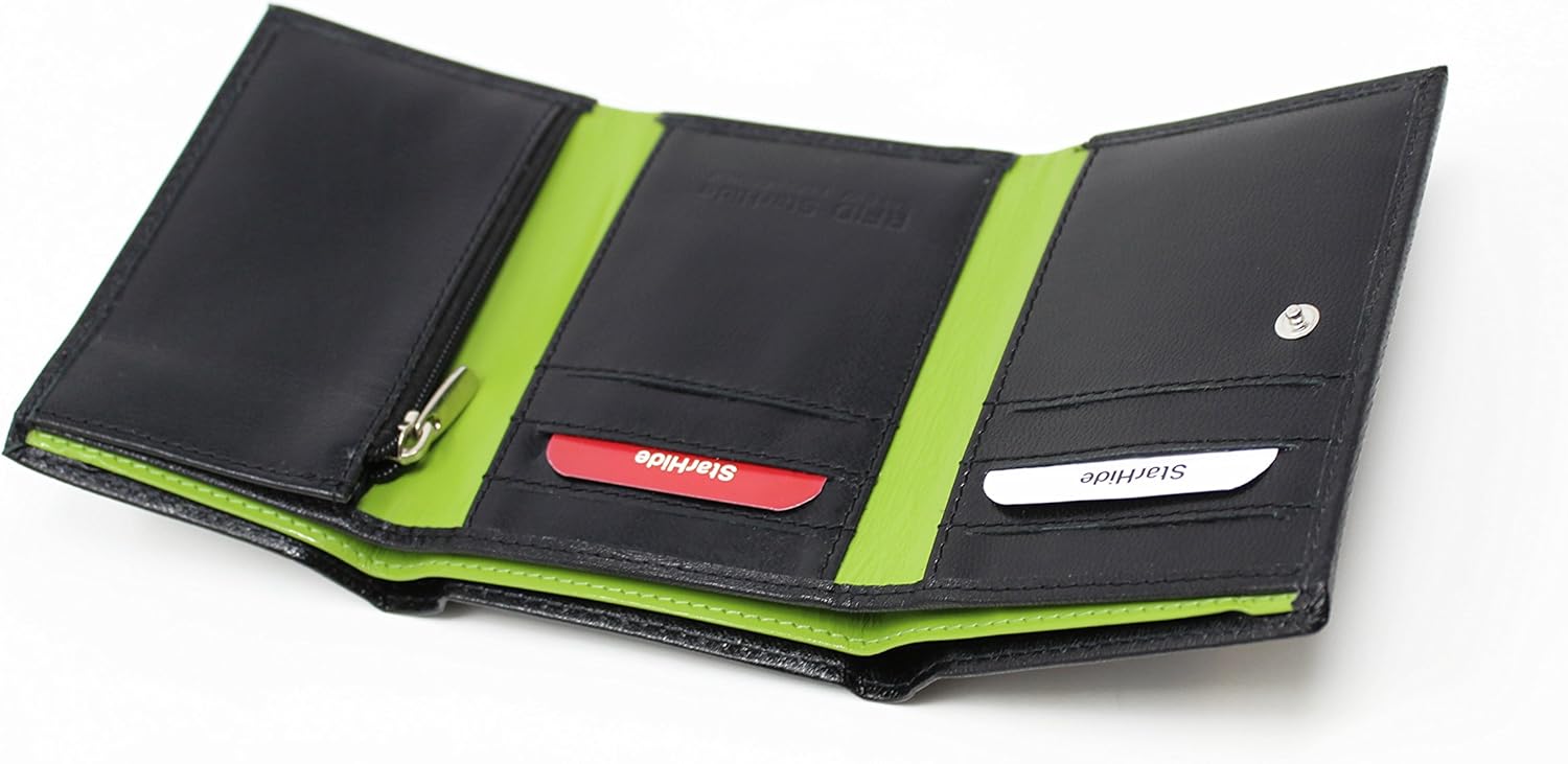 STARHIDE RFID Blocking Tall Genuine Goat Leather Trifold Zip Wallet Gift Boxed 615 (Black/Green)