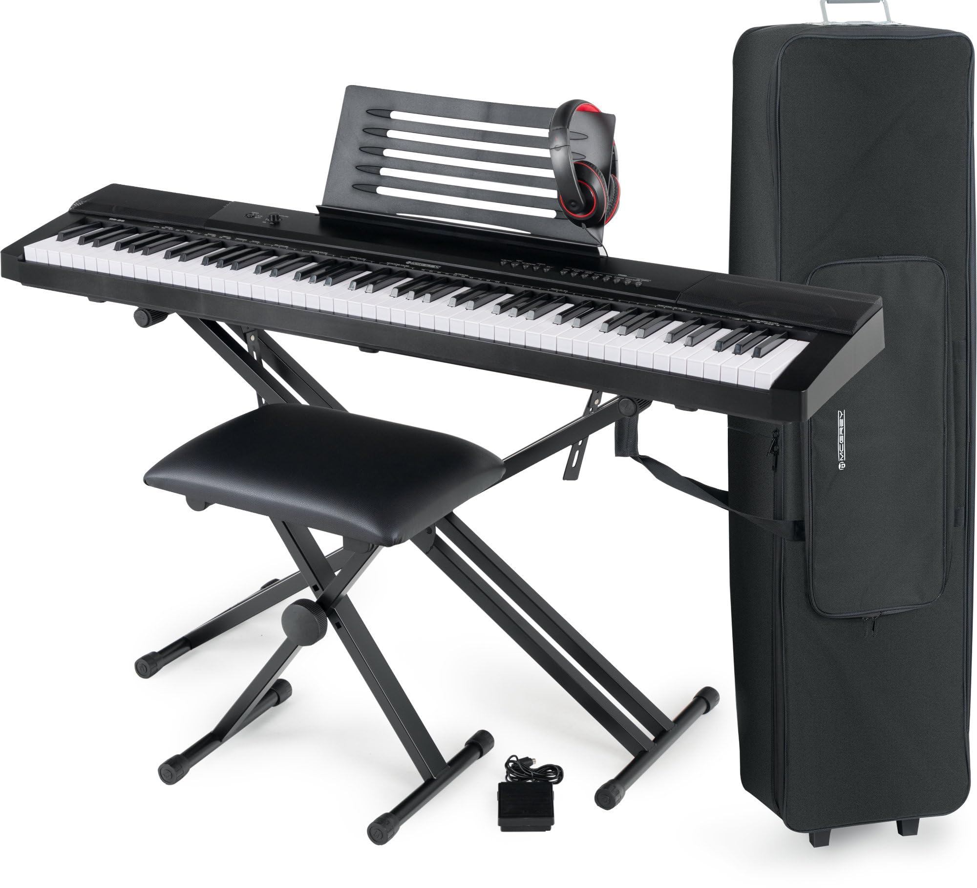 McGrey SK-88 Keyboard Super Kit Trolly Set - Einsteiger-Keyboard in Stagepiano-Optik mit 88 Tasten - 146 Klänge - inklusive Sustain-Pedal, Keyboardständer, Hocker und Kopfhörer - schwarz