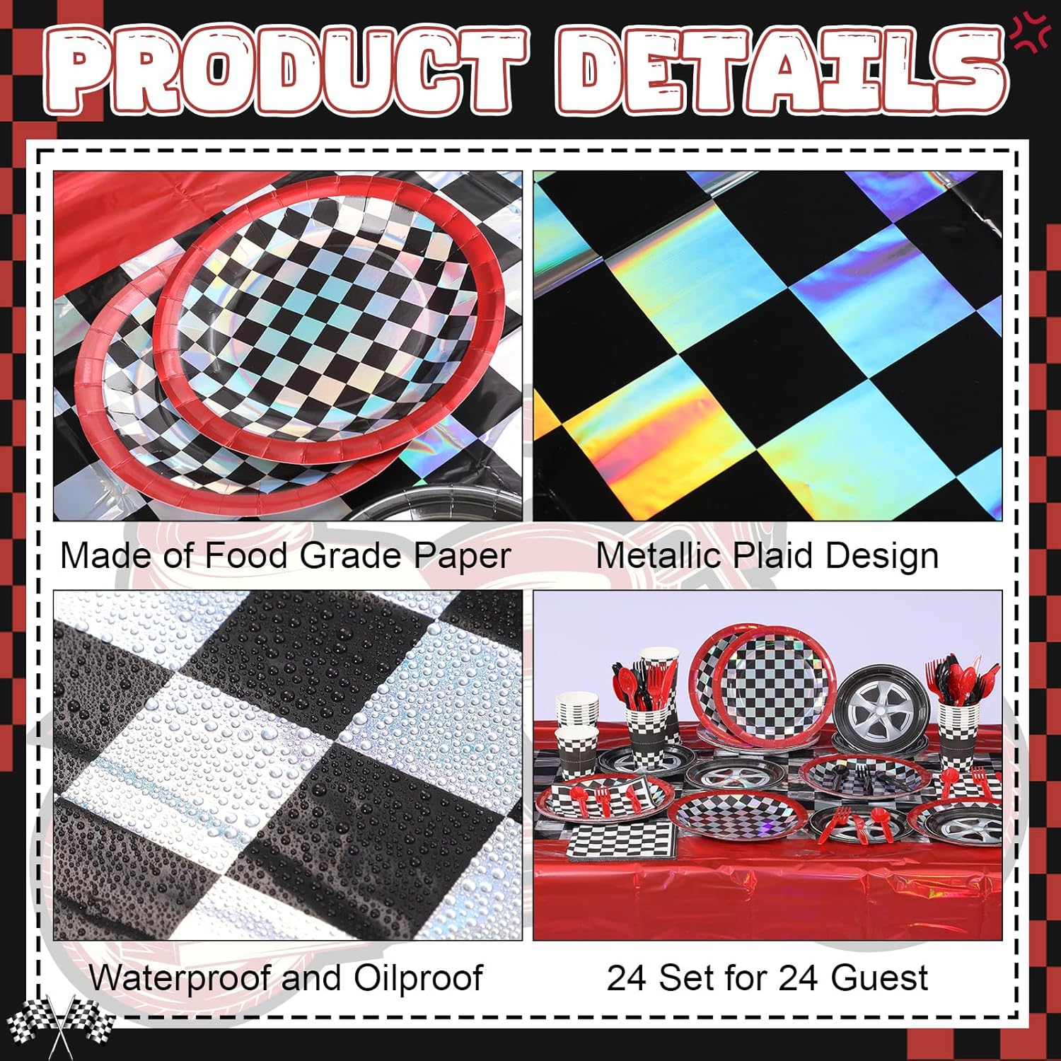 Uiifan 171 Pcs Race Car Birthday Party Decorations, Cars Birthday Decorations- Black Red Checkered Plates Napkins Cups Tablecloths Banner Knifes Forks for Boys Racing Supplies, Serve 24