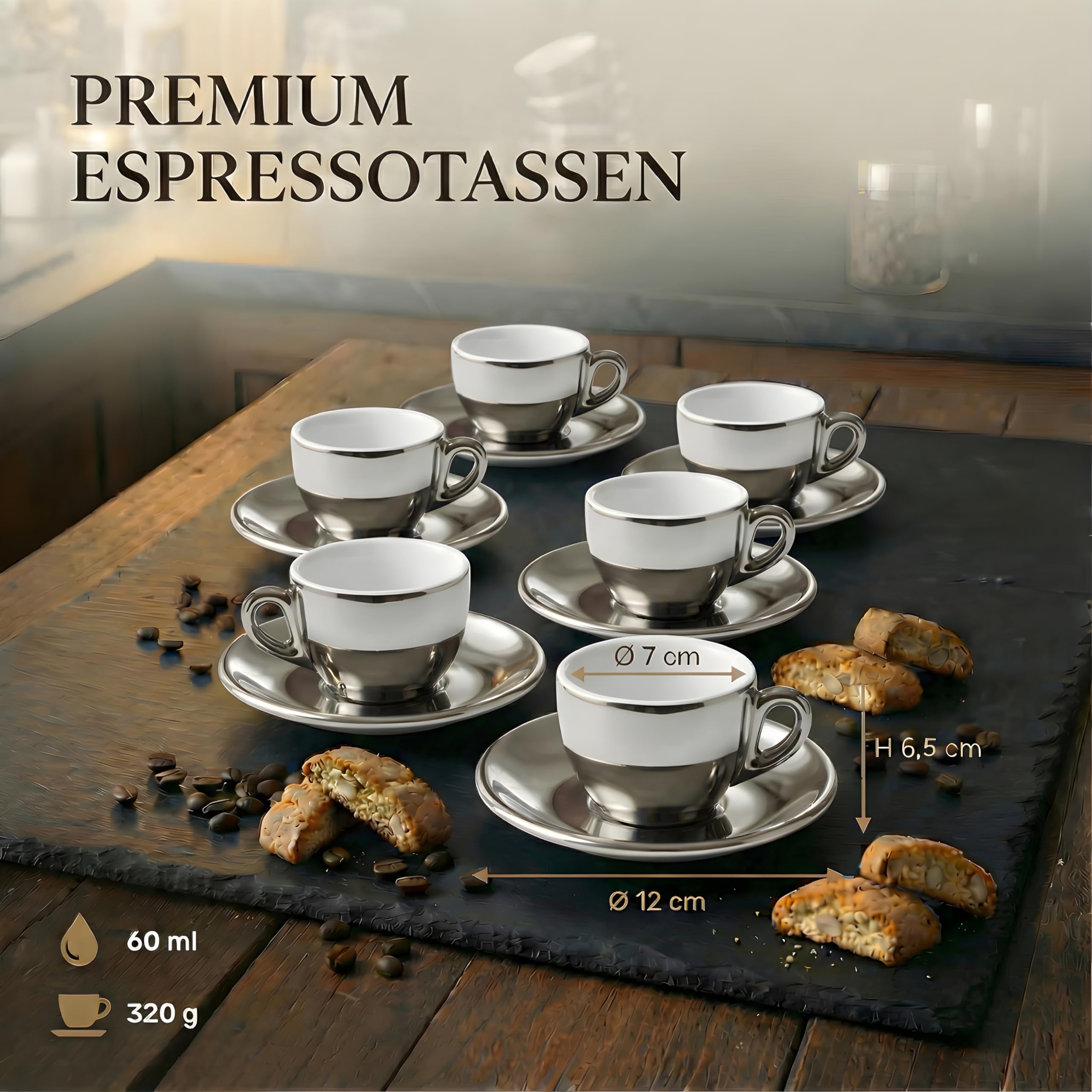 6 x filiżanki do espresso | srebrny chrom | styl włoski | grube ścianki i ciężkie | zestaw 6 filiżanek do espresso ze spodkami - zestaw upominkowy