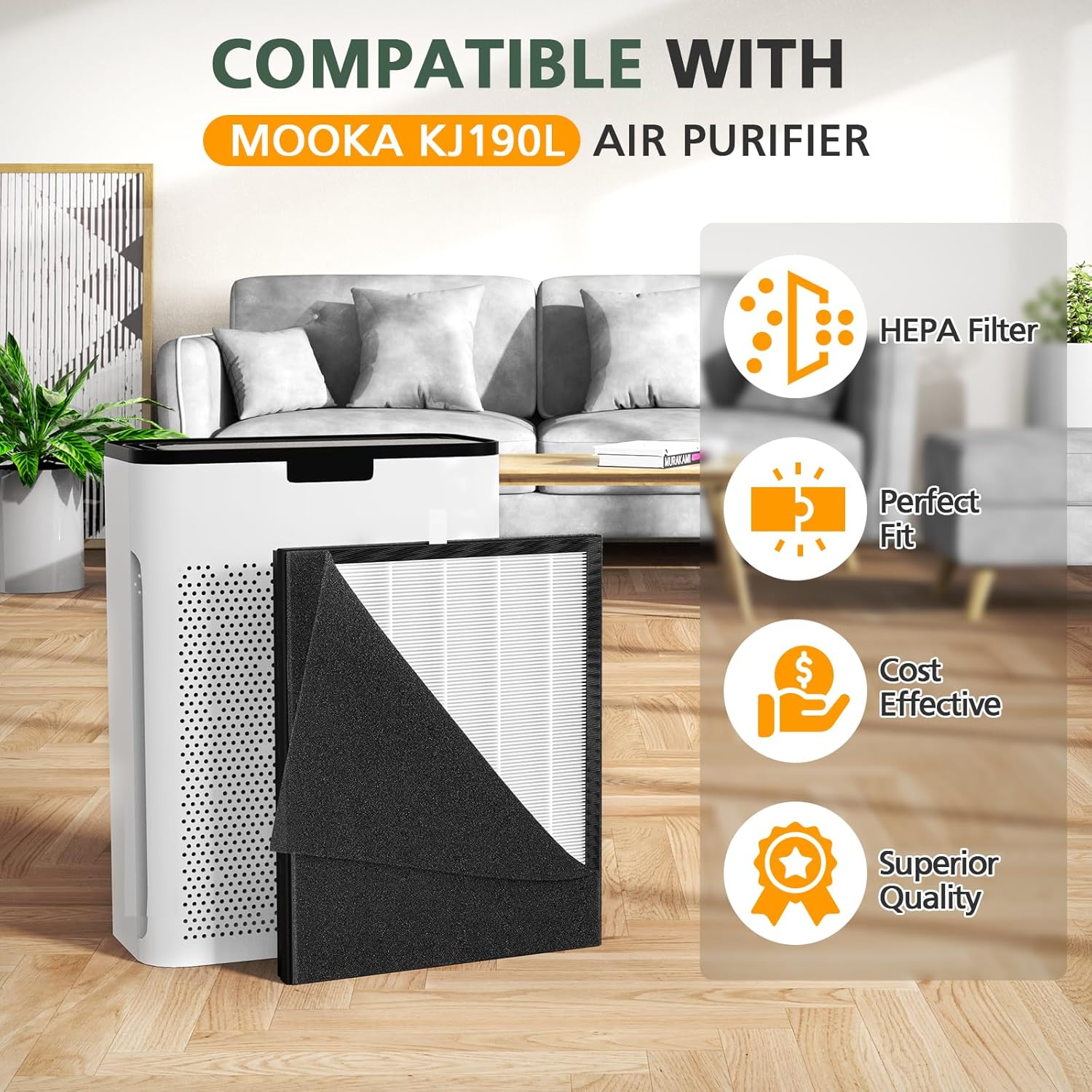 2 Pack KJ190L Filter Replacement for MOOKA KJ190L Air Puri-fier for Home Large Room 2200 Ft², 3 Stage Filtration for Smoke Dust Pollen Pets Hair Dander Odor, 2 HEPA Filters and 4 Washable Pre-Filters - Image 12