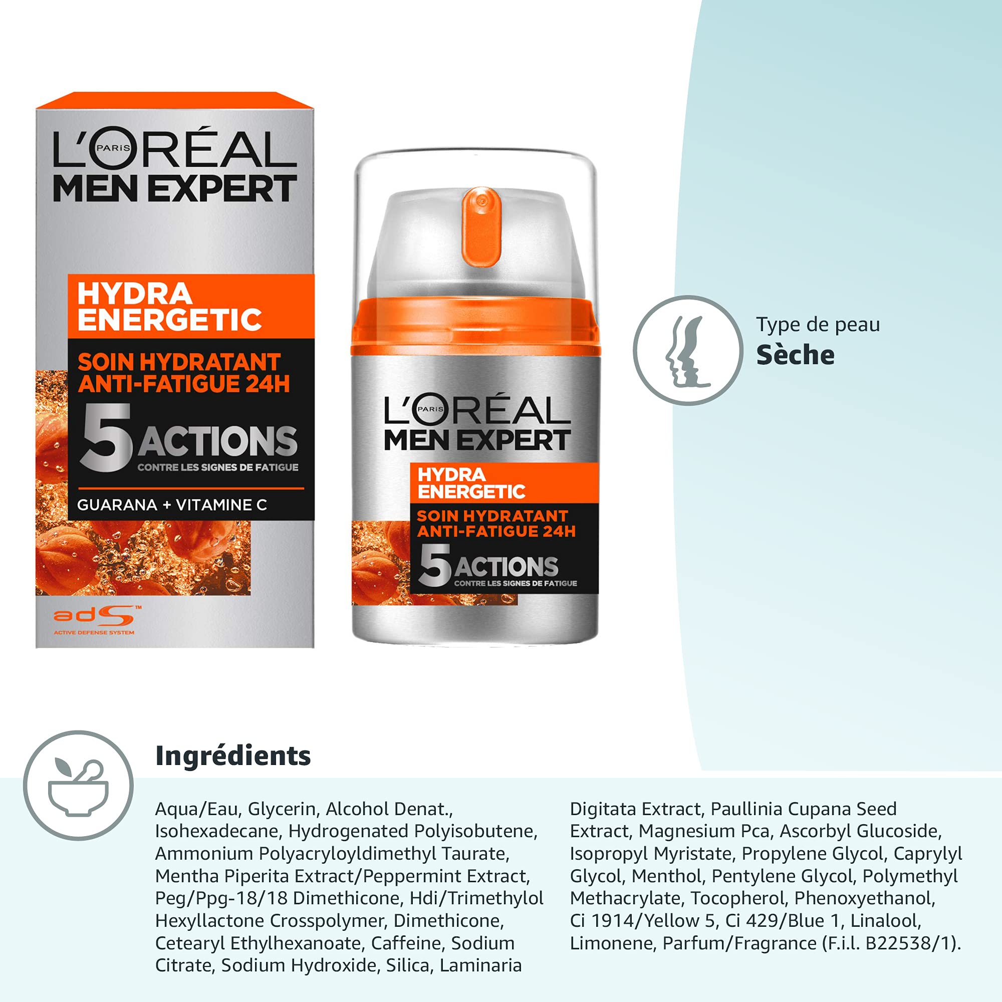 L'Oréal Men Expert - Soin Hydratant Anti-Fatigue 24H pour Homme - Hydrate & Illumine - Concentré en Vitamine C Pure 10% - Usage Quotidien - Hydra Energetic - 50 ml