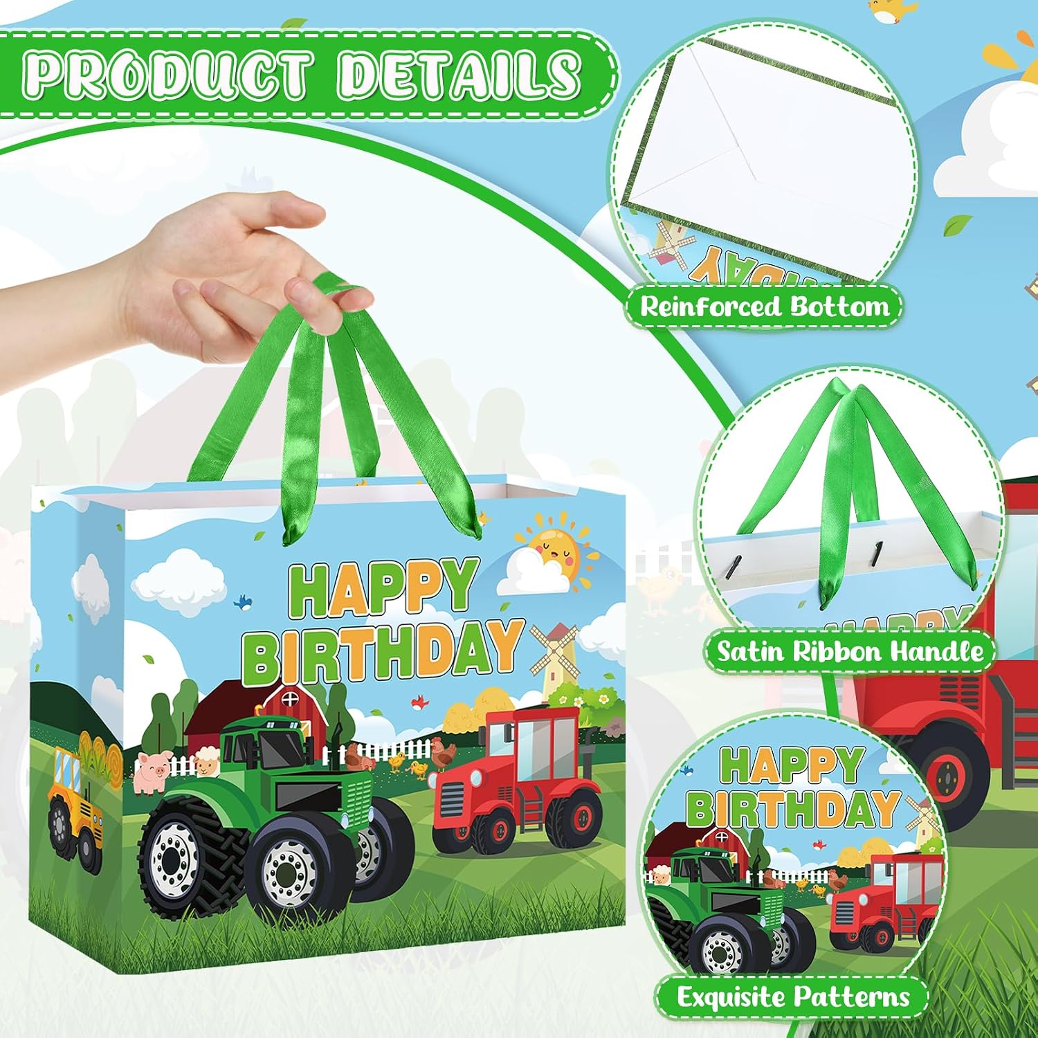 TagreSpike Tractor Birthday Gift Bag Large Tractor Wrapping Paper Bag with Handle Tissue Paper and Greeting Card Green Farm Themed Bday Party Decoration for Kids Boys Birthday Baby Shower Supplies