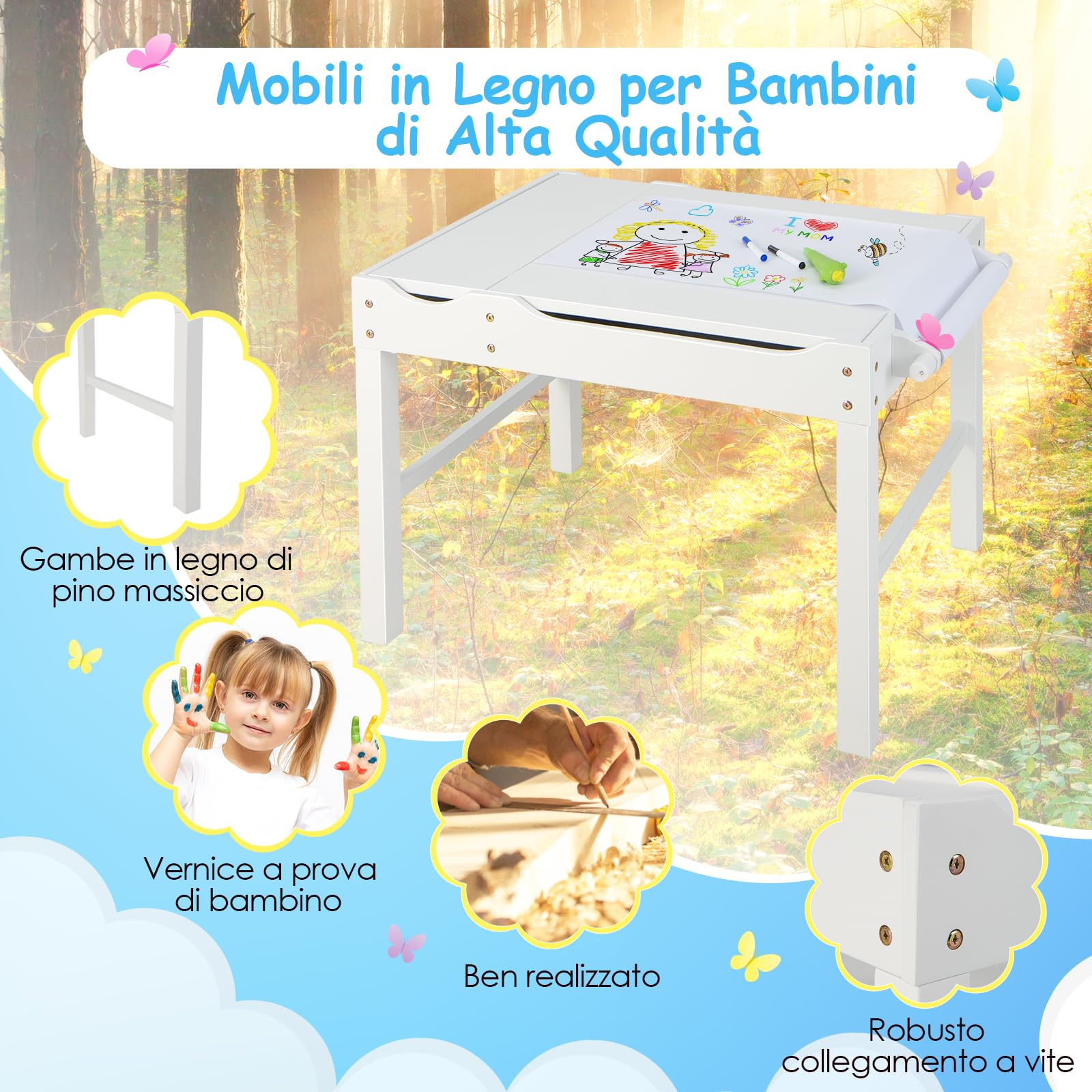RELAX4LIFE Tavolo da Gioco per Bambini in Legno 80x60x57CM, Tavolo da Costruzione Reversibile con Vassoio a Doppia Faccia, Rotolo di Carta e Carta, 3 Cubi (BIANCO)