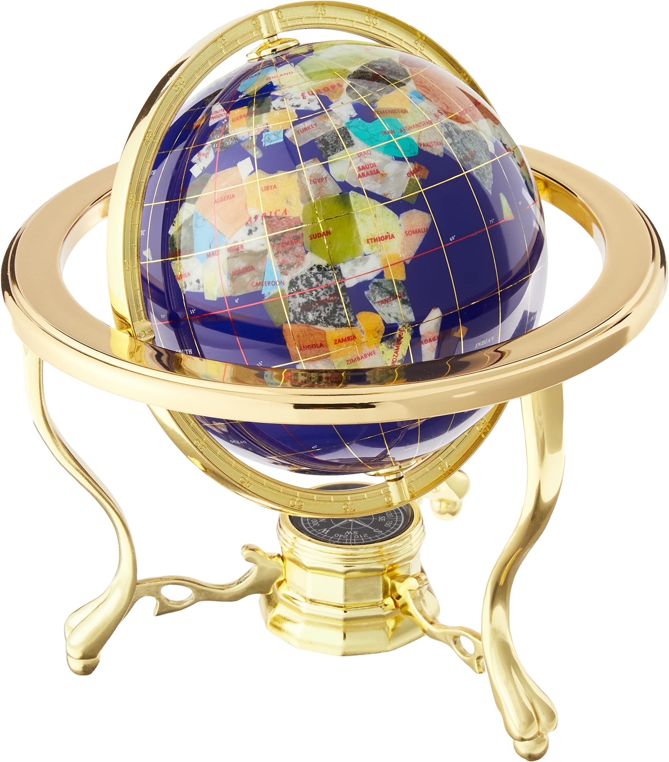 Unique Art 10-Inch by 6-Inch Blue Lapis Ocean Table Top Gemstone World Globe with Gold Tripod