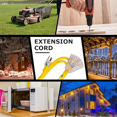 Miniatura 7 de YOJOE Cable de extensión de 3 salidas para interiores y exteriores con extremo iluminado, cable de extensión de alimentación de 3 clavijas 15A