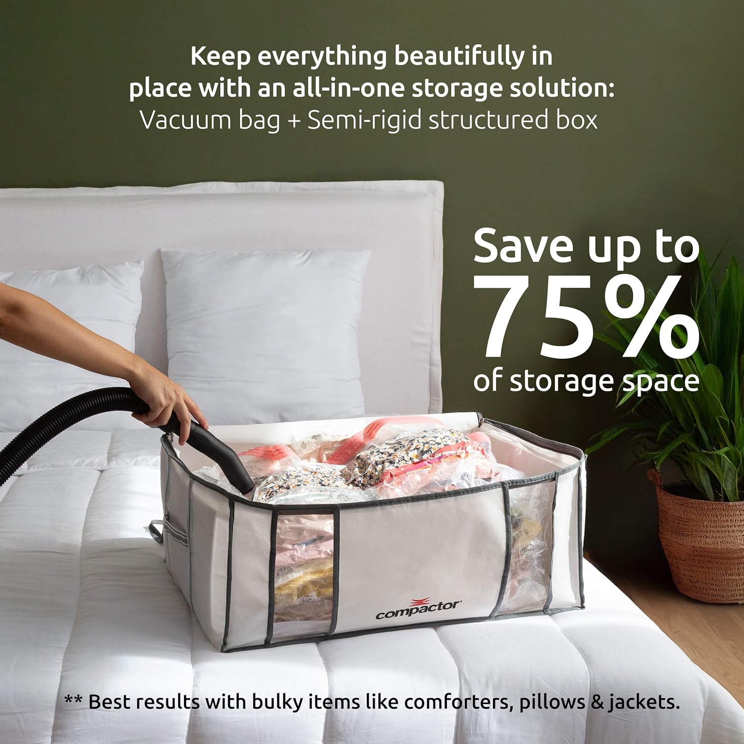 Compactor Vacuum Storage Bag with Semi-Rigid Structured Box, Polypropylene & Nylon Vacuum Storage Bags, Vacuum Seal Bags for Clothing and Bedding, Closet Organizer (White, X-Large)