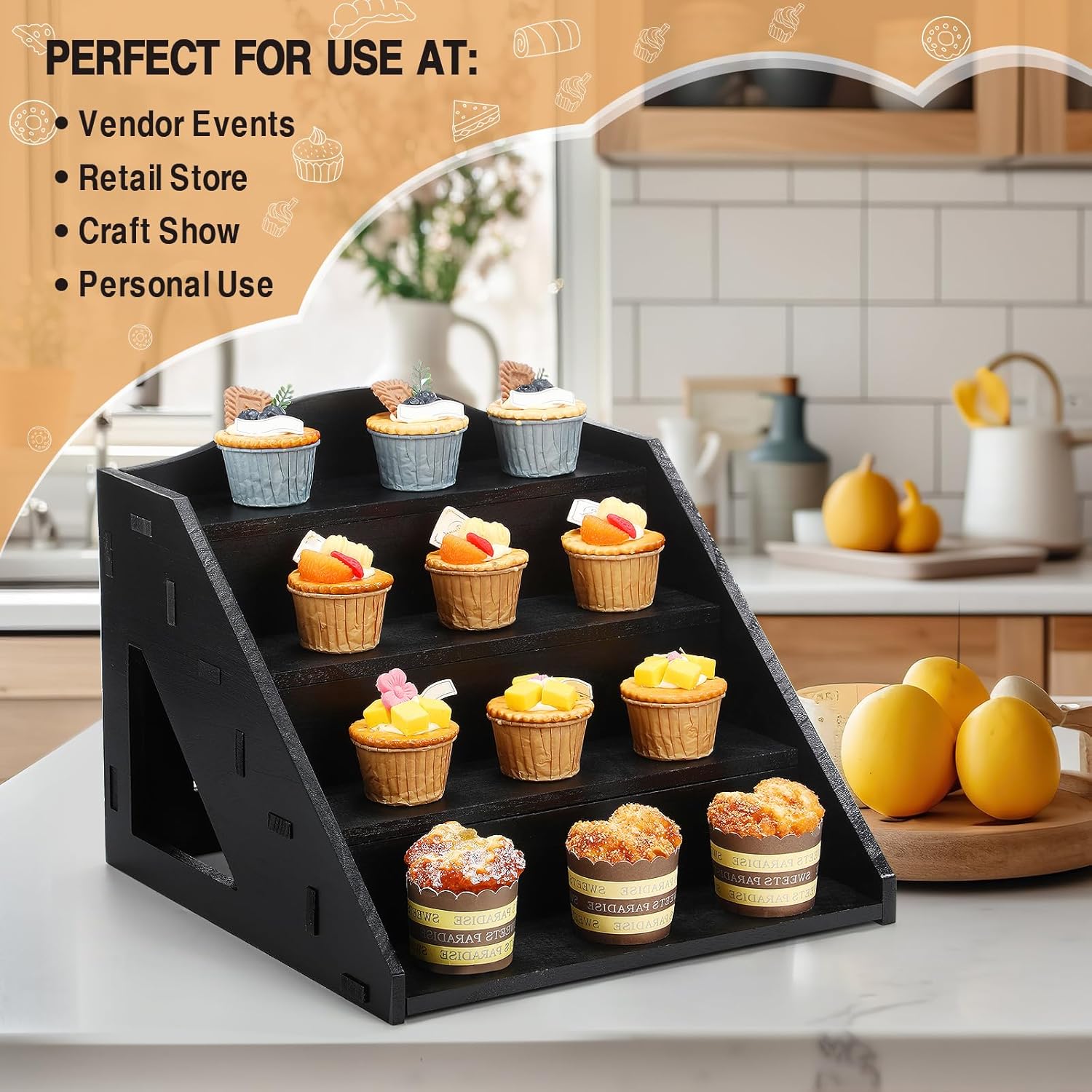 Jetec 4 Tier Wood Cupcake Display Stands Retail Wooden Craft Fair Display Riser Rustic Dessert Holder Rack Soap Stand for Craft Show Baby Shower Cupcakes Candy Wedding Party(Black)