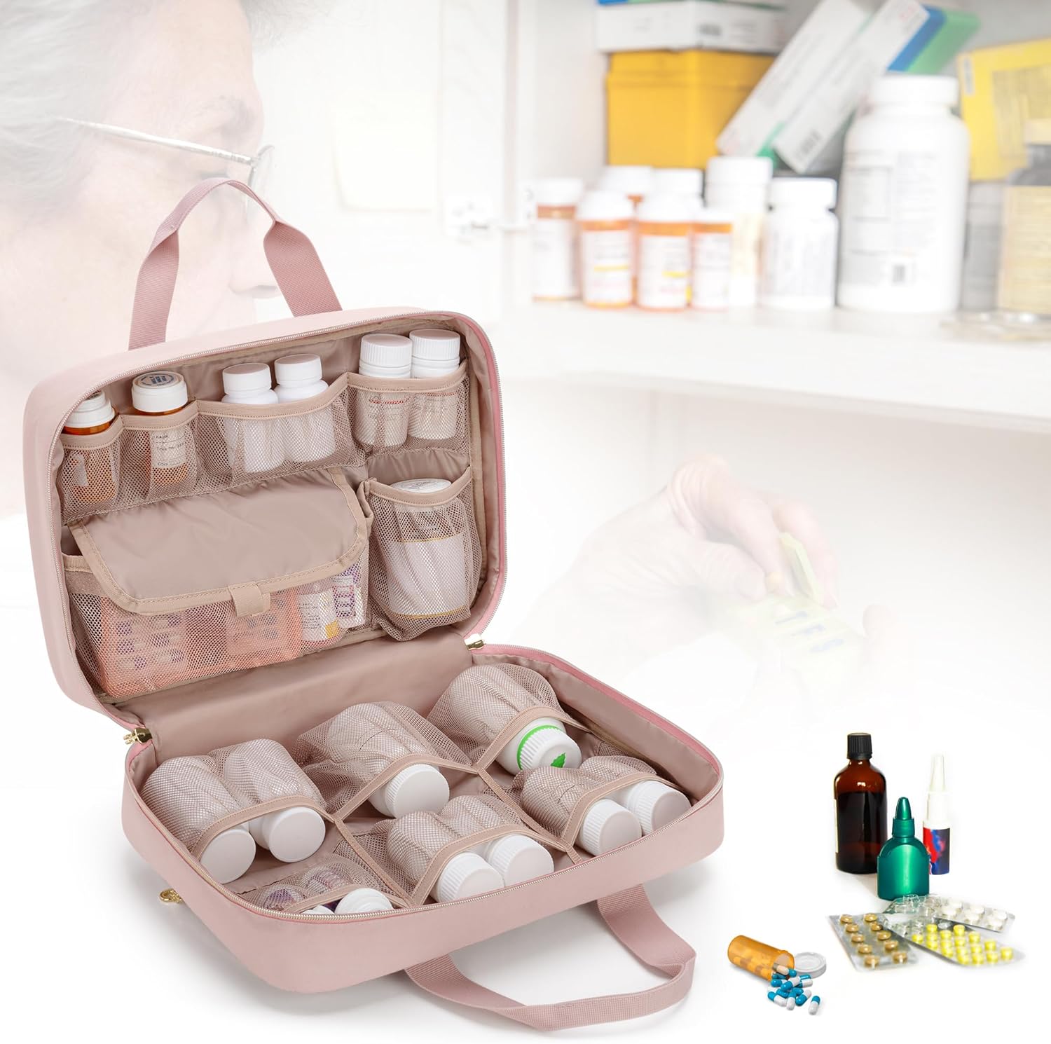 Damero Medicine Bottle Organizer, Pill Bottles Organizer Storage Medication Travel Bag for Prescription Bottles, Medical Supplies, Misty Rose - Image 7