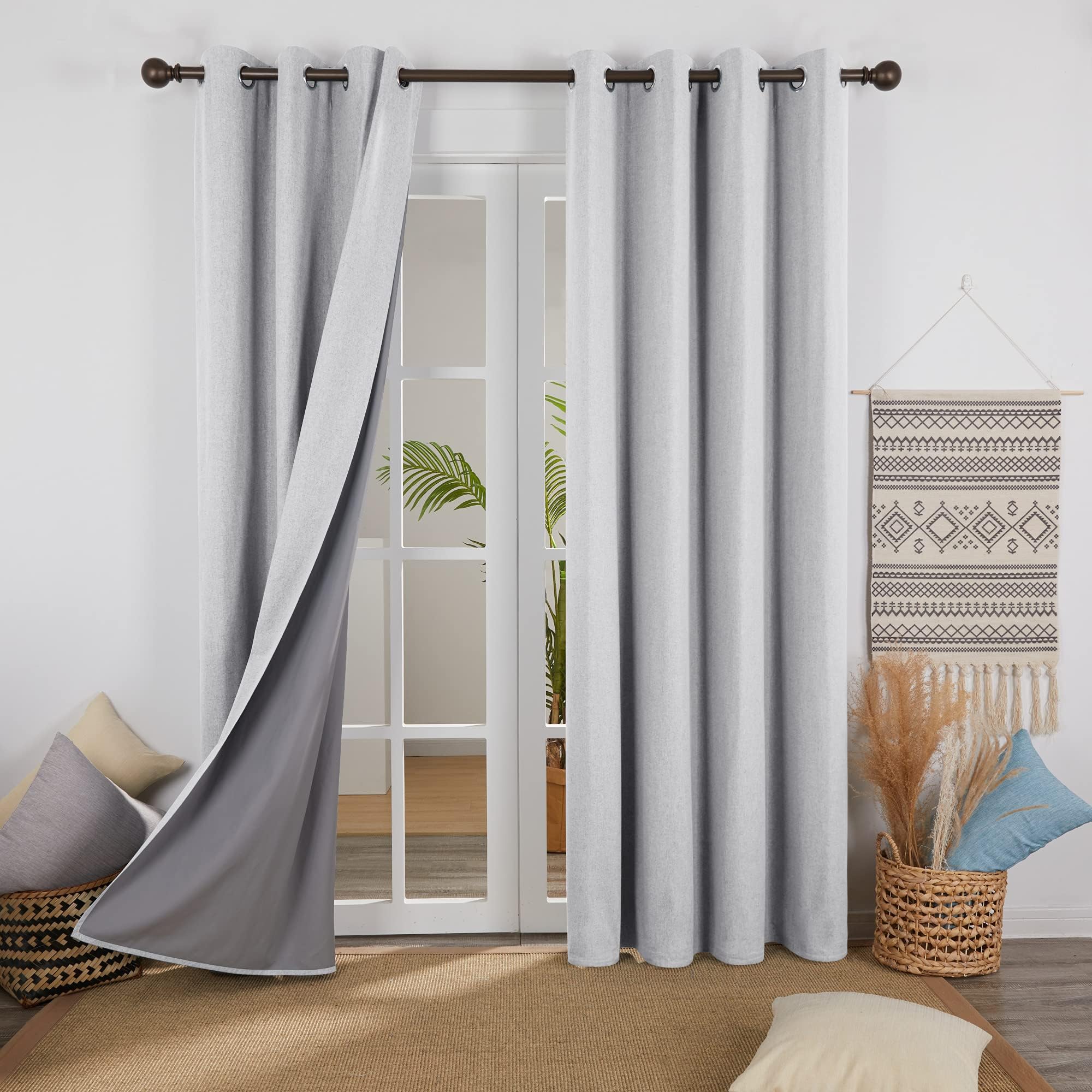 Linen Look Full Blackout Curtains Eyelet Thermal Insulated Bedroom Curtains With Coating Back Layer For Nursery 52 X 54 Light/Grey Deconovo