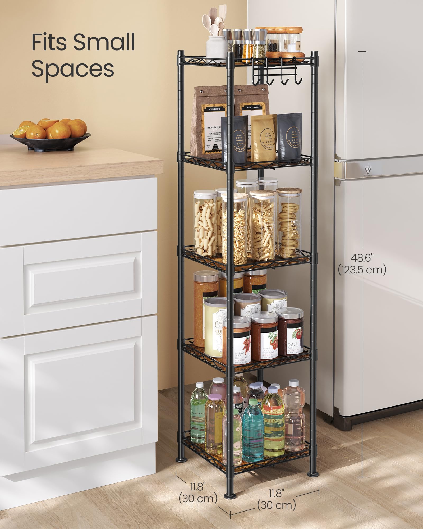 SONGMICS Badezimmerregal, Lagerregal für kleine Räume, Gesamttragfähigkeit 100 kg, 30 x 30 x 123 cm, mit 5 PP-Platten, abnehmbaren Haken, ausziehbarem Design, Schwarz und rustikales Braun ULGR023B02