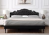 Vista 12 de Base de cama de plataforma tapizada completa con cabecero ajustable de 47 pulgadas de alto, cama de lino con botones, soporte de listones de madera