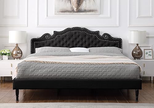 Base de cama tapizada King con cabecera ajustable de 47 pulgadas de alto cama de lino capitoné con botones soporte de listones de madera con espacio