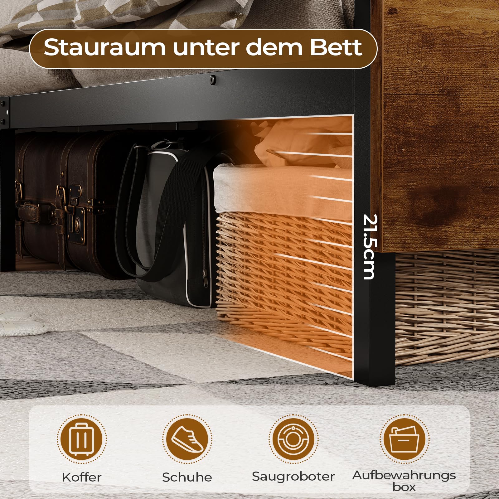 DICTAC Bett 140x200 cm mit LED Beleuchtung,Metall Doppelbett mit Steckdose und USB-Ladefunktion, Bettgestell 140x200 cm mit Holzkopfteil Stauraum, Bettrahmen mit Lattenrost und Stauraum unter dem Bett