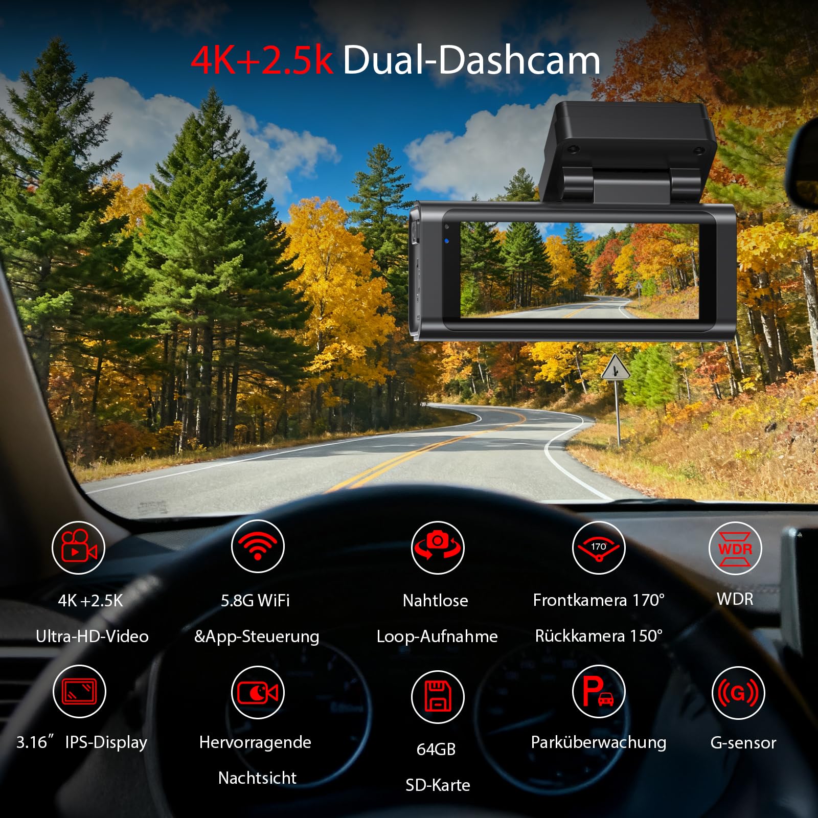 4K+2.5K Front Heck Dashcam mit 5,8 GHz WLAN & GPS Doppelkanal-Auto-Kamera, 3,16" IPS Bildschirm, Nachtsicht, 170° Weitwinkel, Parkschutzmodus, G-Sensor, Loop-Aufnahme – inkl. 64GB SD-Karte