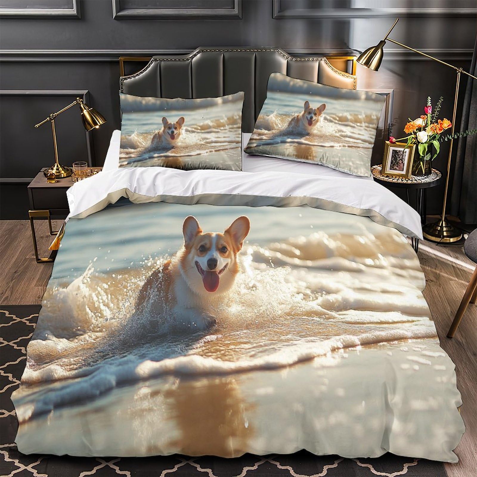 Housse de couette Corgi 260x220 anti-froissement linge de lit super king