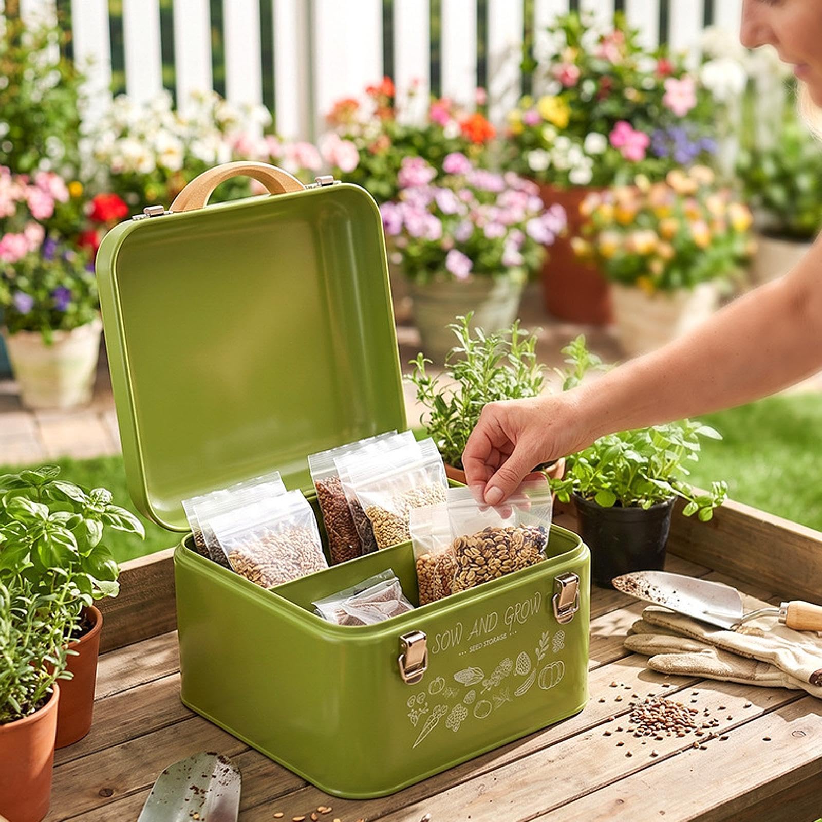 Gralara Boîte de Rangement Métallique Contenant Organisateur pour Enveloppes Semences avec Poignée Transport Facile Matériau Fer Étiquette D'Identification Ad, S