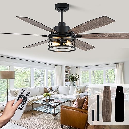 Miniatura 8 de Ventilador de techo de 52 pulgadas con luz y control remoto, ventilador de techo industrial silencioso y reversible, motor de corriente continua,