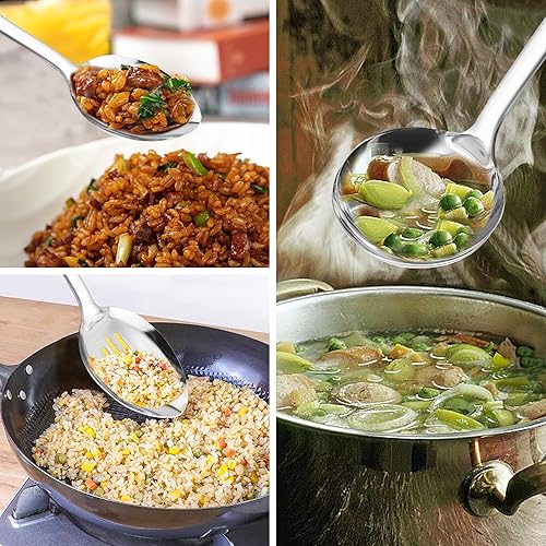 Miniatura 5 de Juego de cucharas de cocina de 14 pulgadas, juego de cucharas grandes de servir de acero inoxidable 180 de alta resistencia, cuchara ranurada